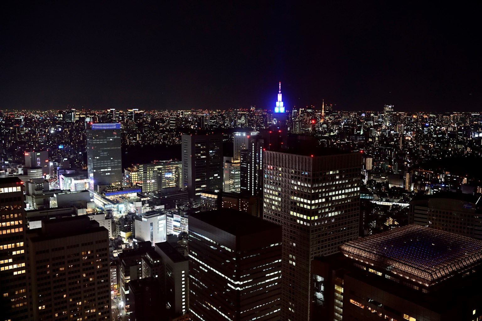 Tokyo skyline at night featuring skyscrapers and the blue Tokyo Tower