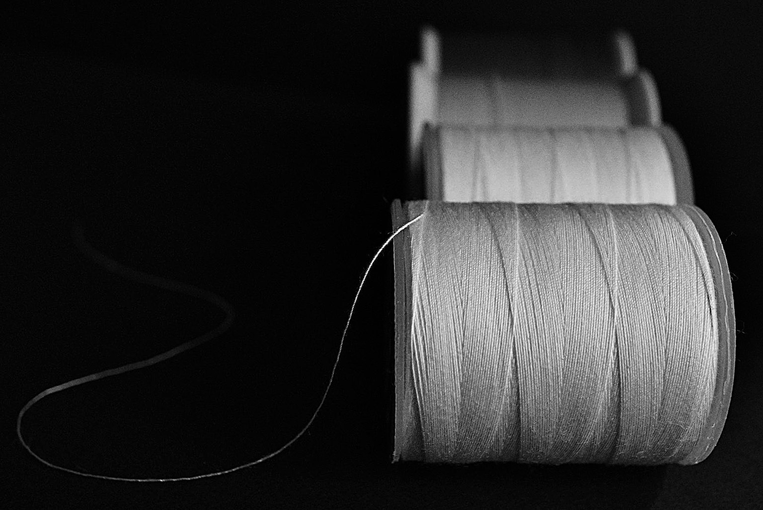 White thread spools lined up against a black background