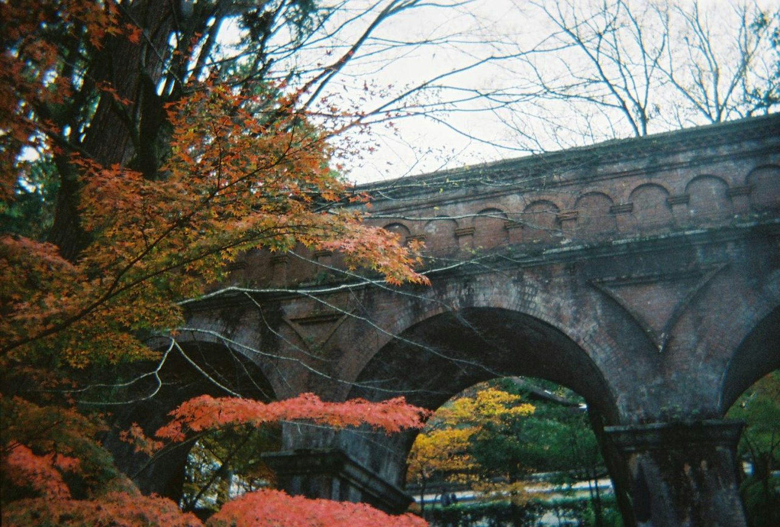 Old stone arch bridge surrounded by autumn foliage