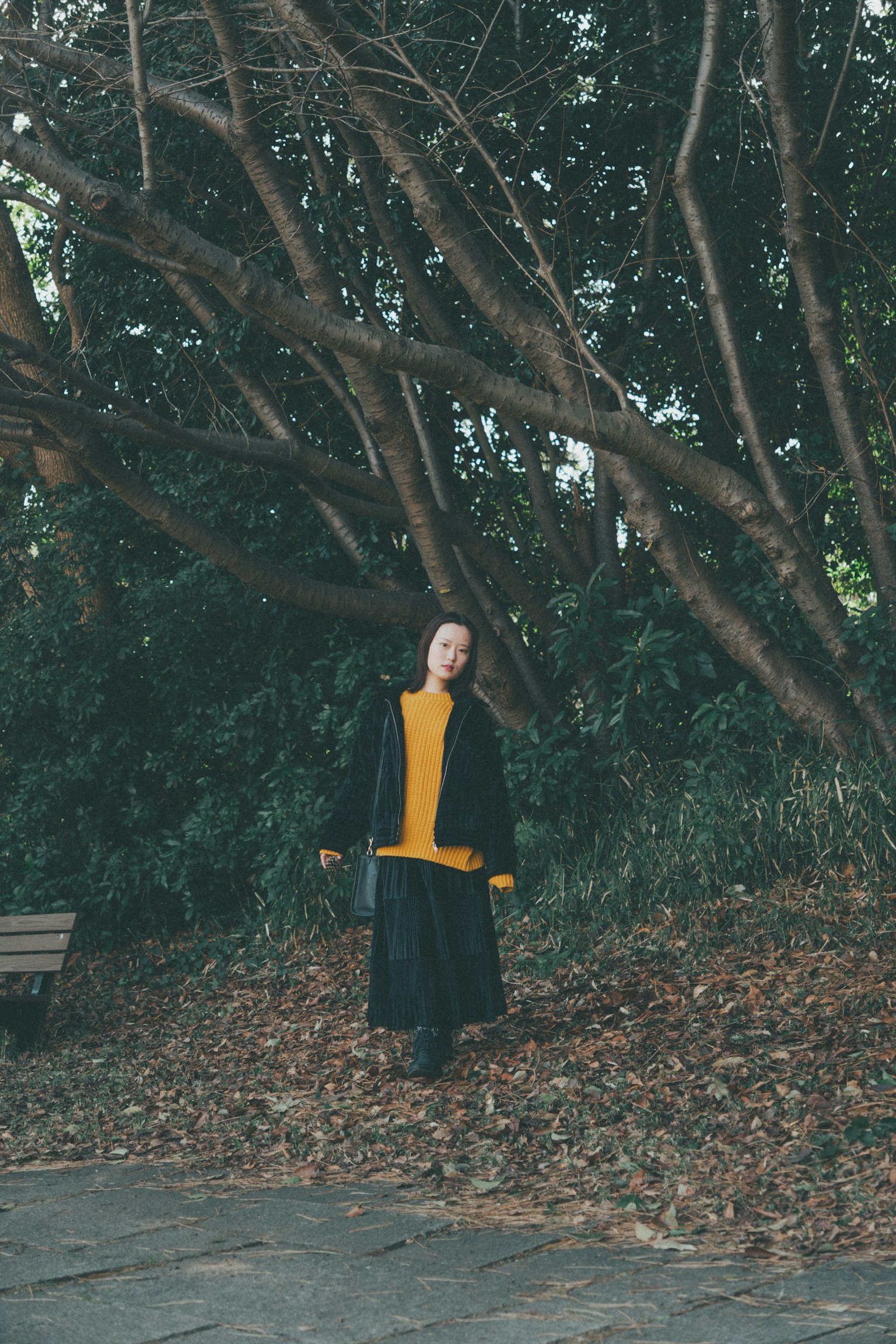 Una mujer vestida con un abrigo negro y una blusa amarilla está de pie bajo un árbol