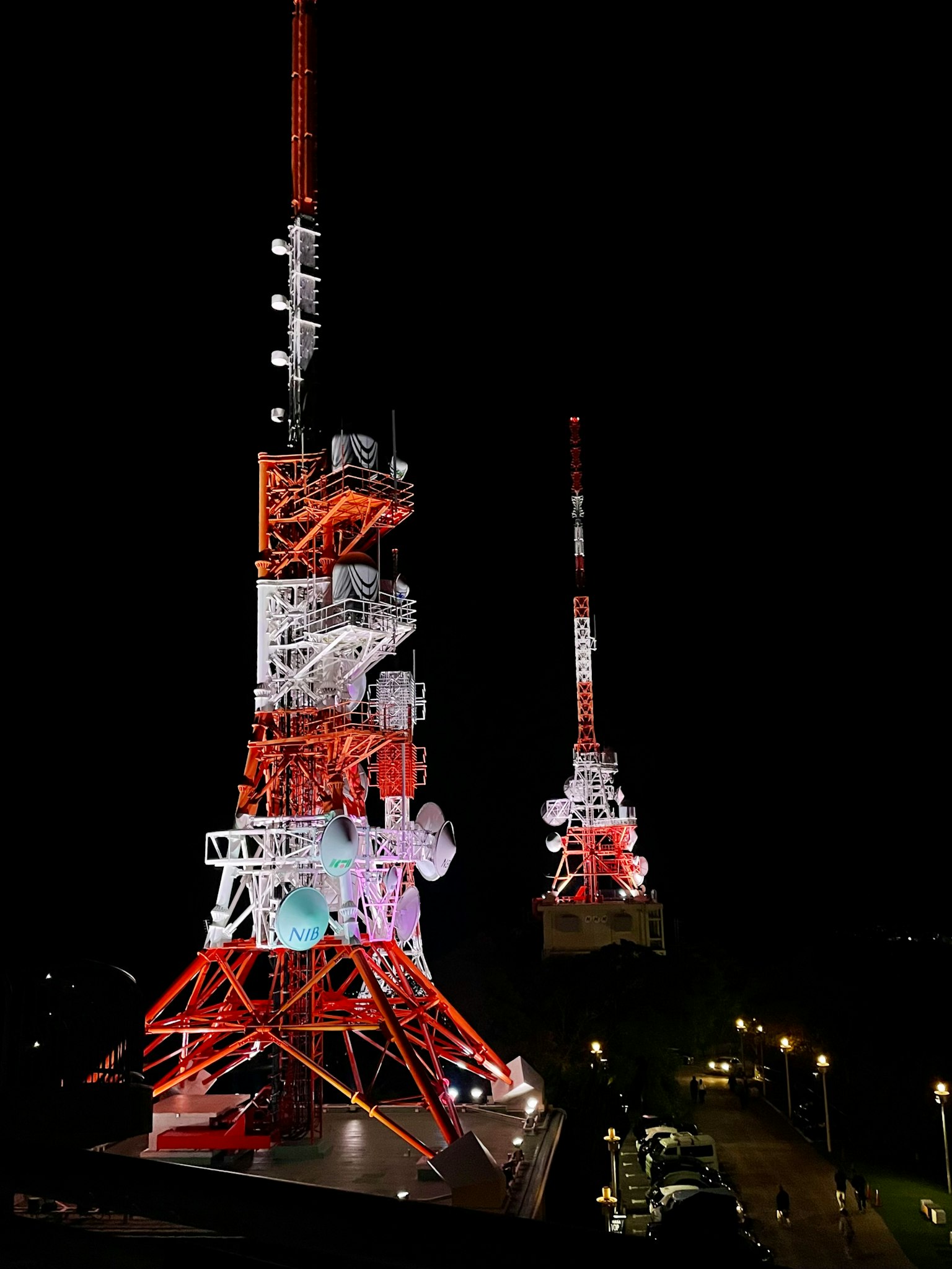 Torre di Tokyo e torri di antenne vicine illuminate di notte