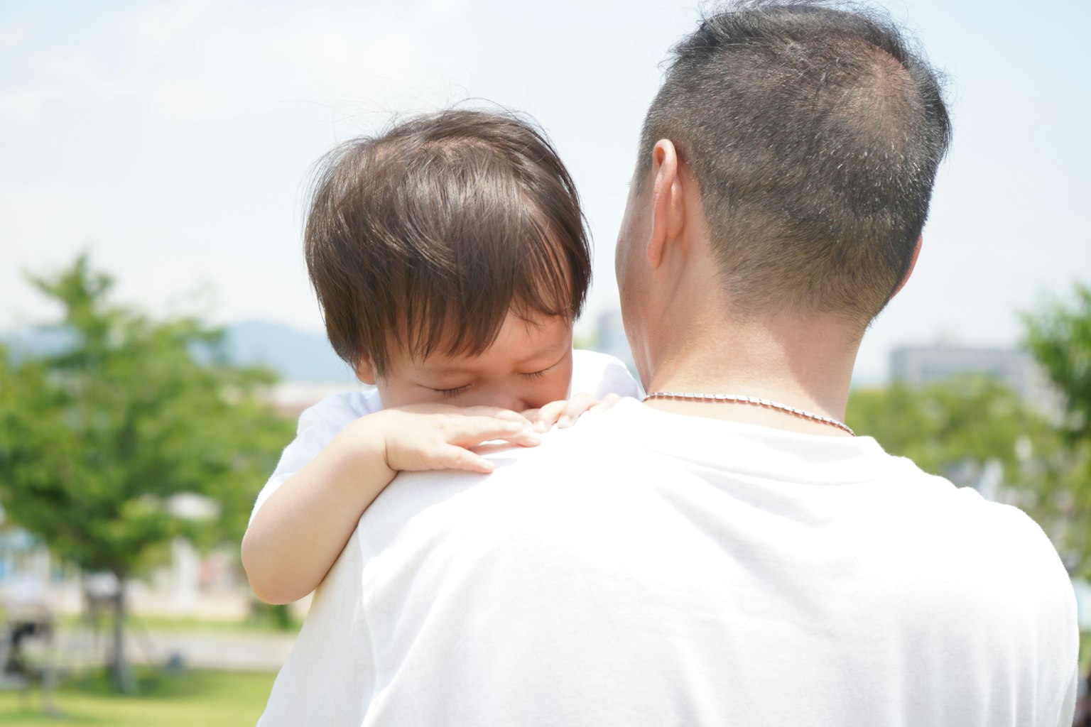 Người cha đang bế con trên vai trong khung cảnh công viên yên bình