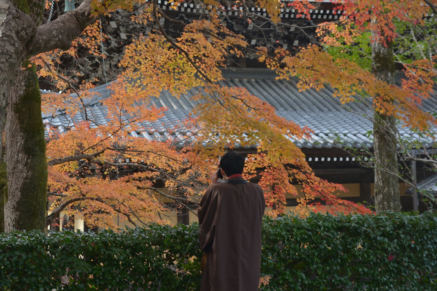 Une personne se tenant devant un feuillage d'automne avec un bâtiment traditionnel en arrière-plan