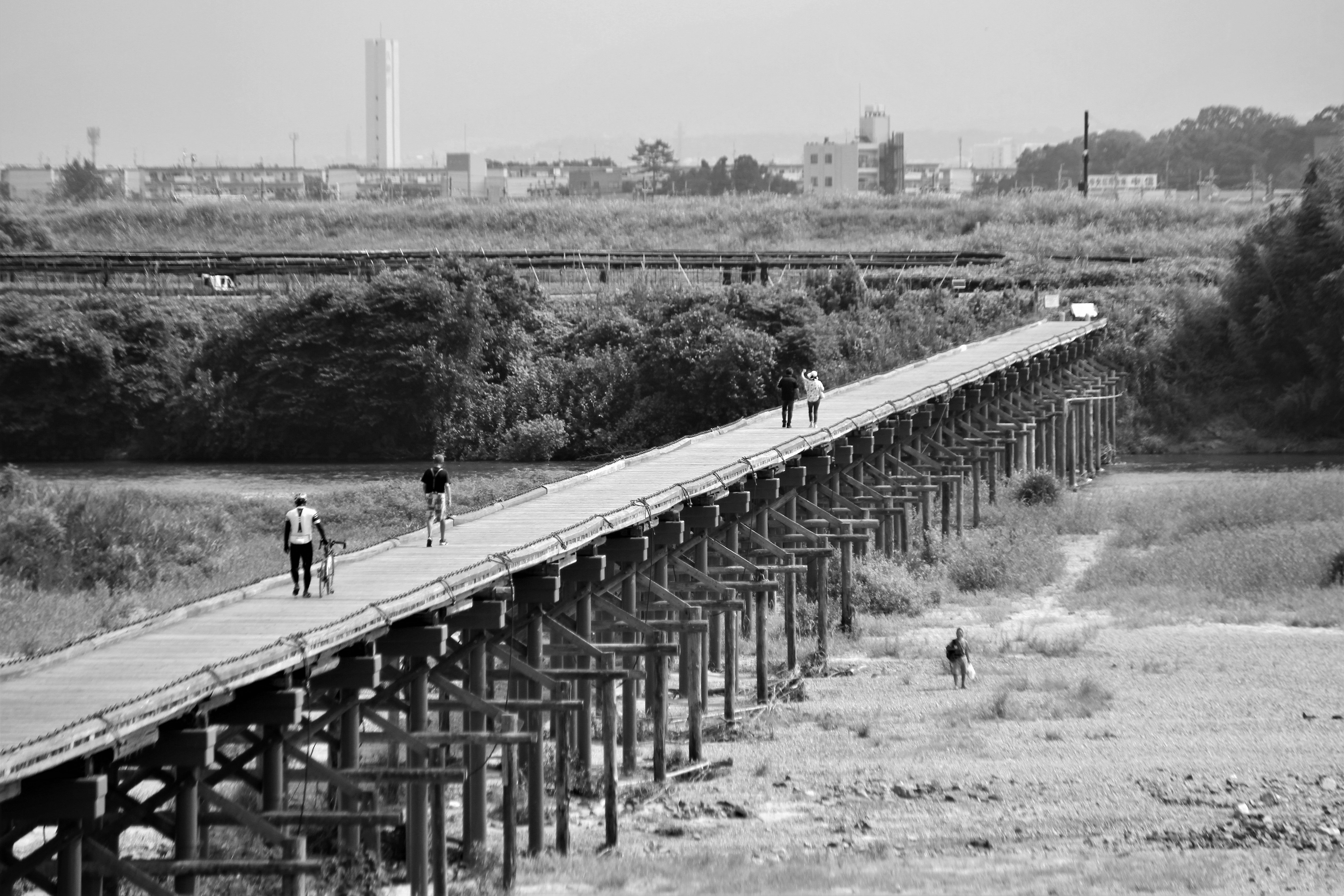 Kizugawa River scenery with a Nagarebashi bridge