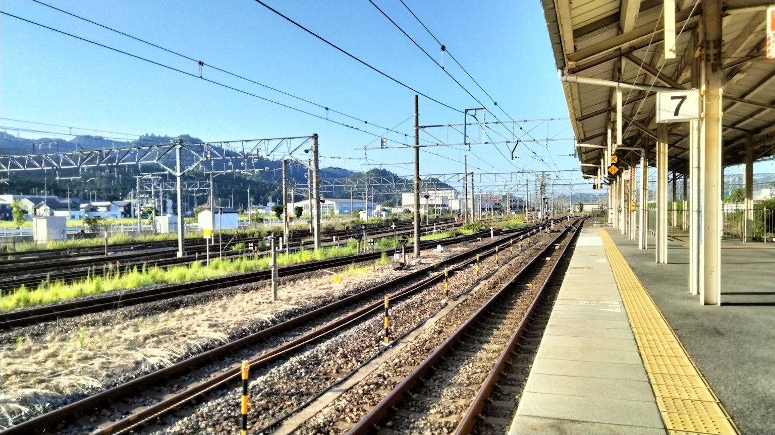 View of railway tracks from a train station platform
