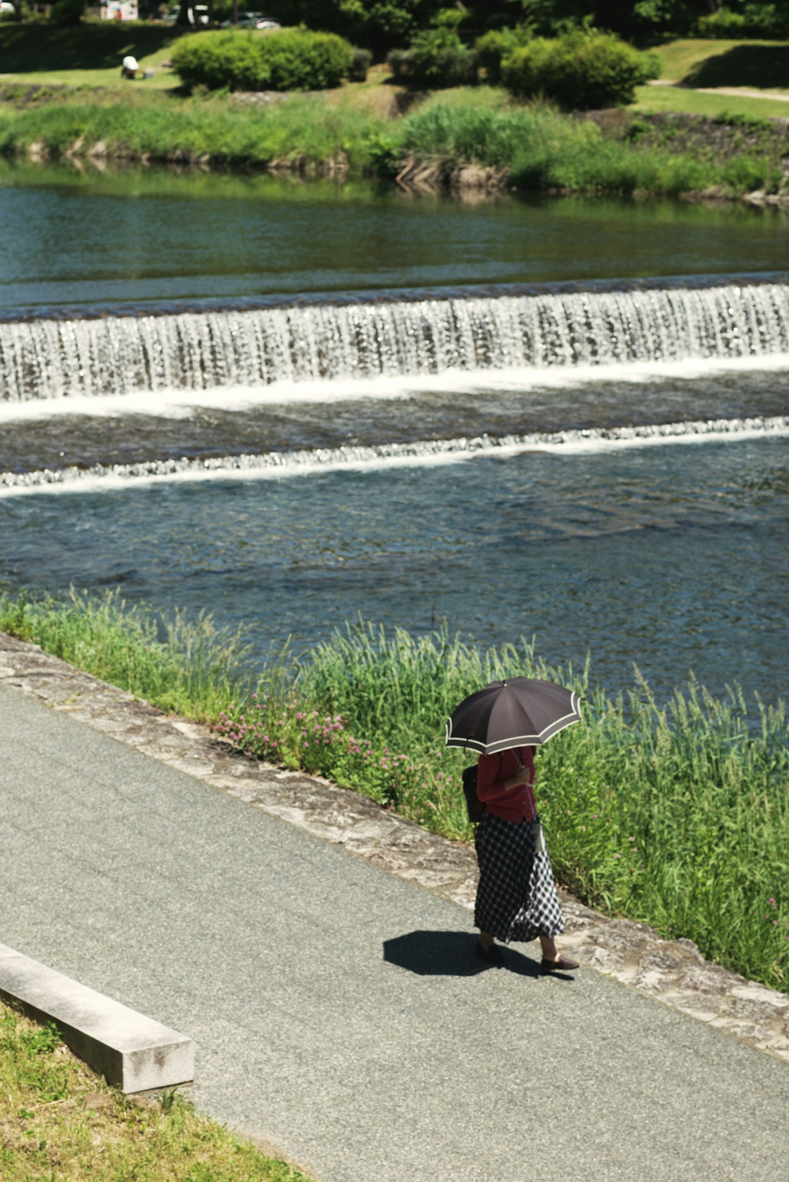 Personne marchant avec un parapluie au bord d'une rivière dans un paysage verdoyant