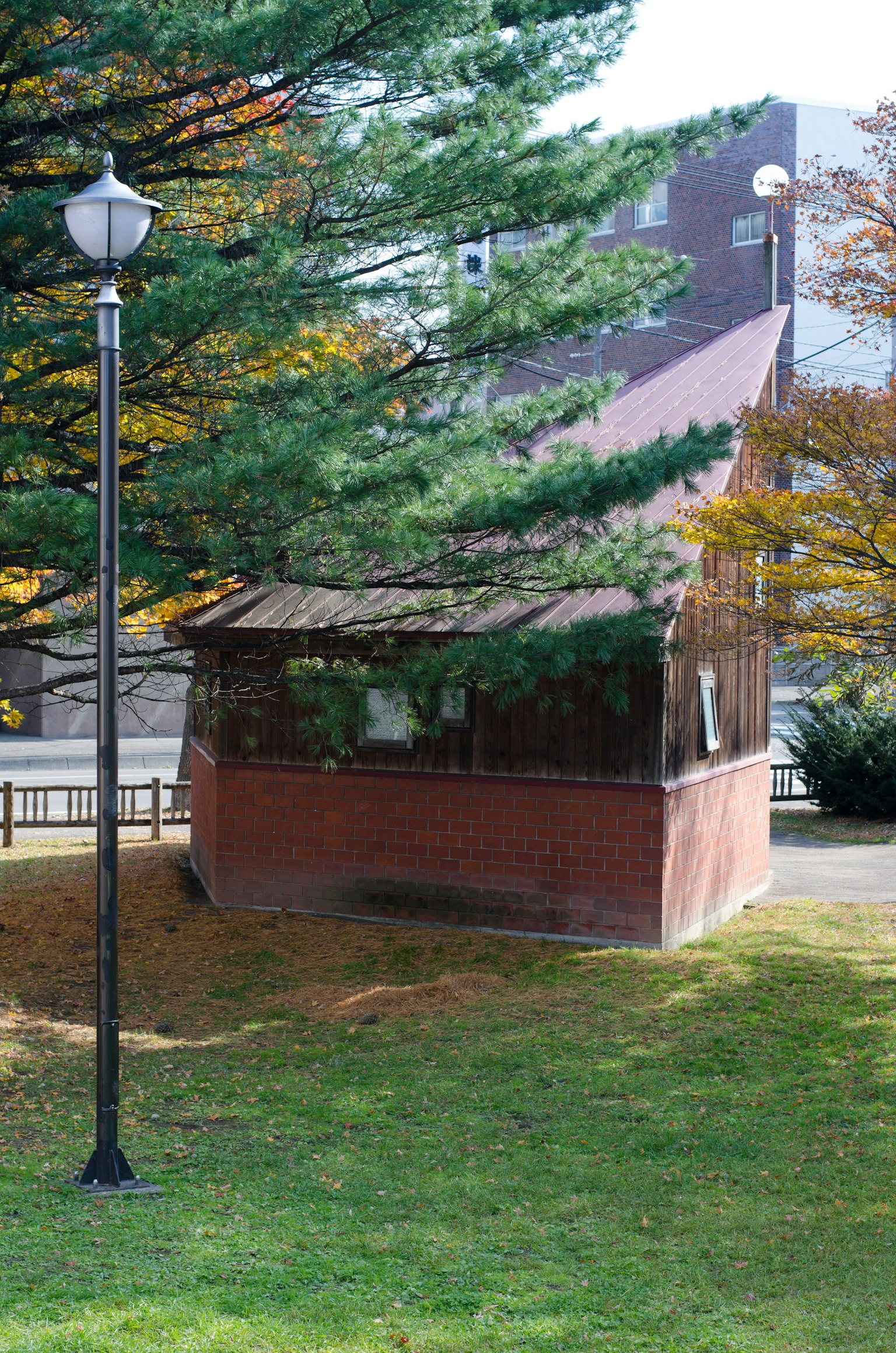 공원 풍경 작은 오두막과 가로등이 있는 녹색 잔디와 나무들로 둘러싸인