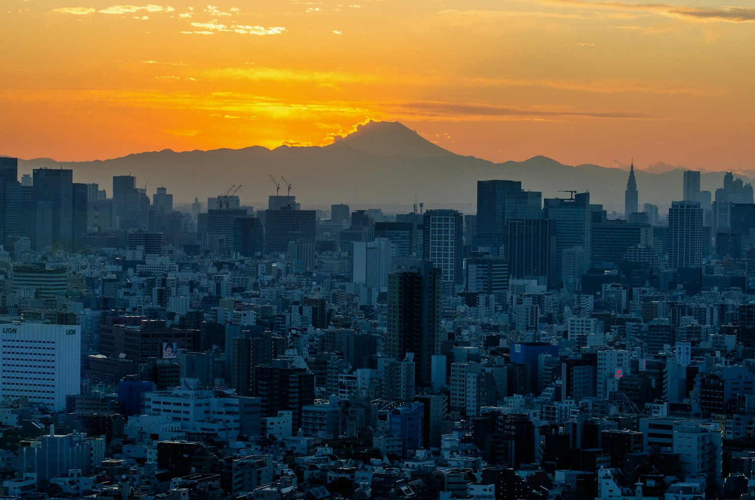 Paysage urbain de Tokyo au coucher du soleil avec des montagnes au loin