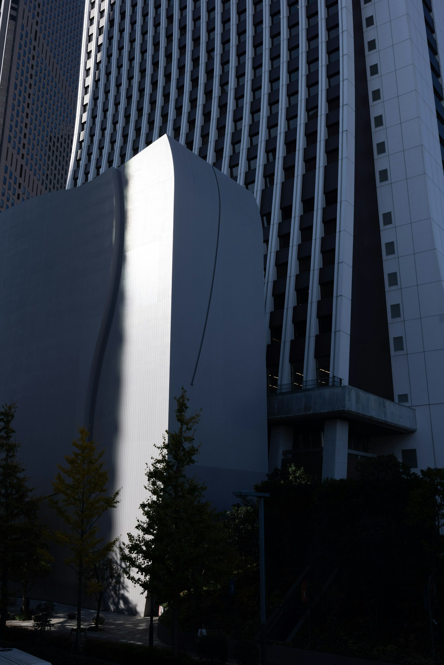 展示現代建築結構及其光影對比的圖像