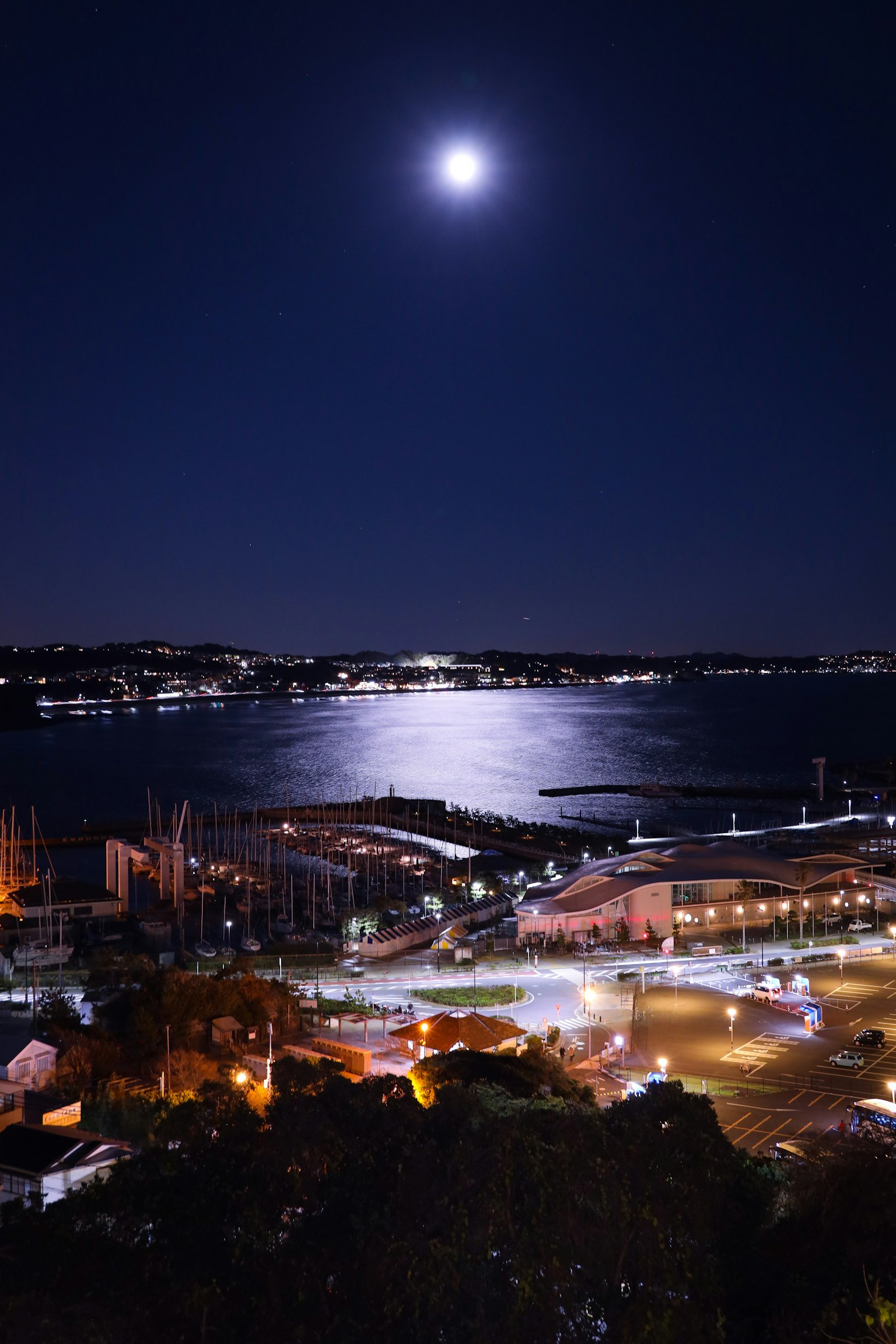 Vista notturna con una brillante luna piena sopra un mare calmo e luci del porto che si riflettono