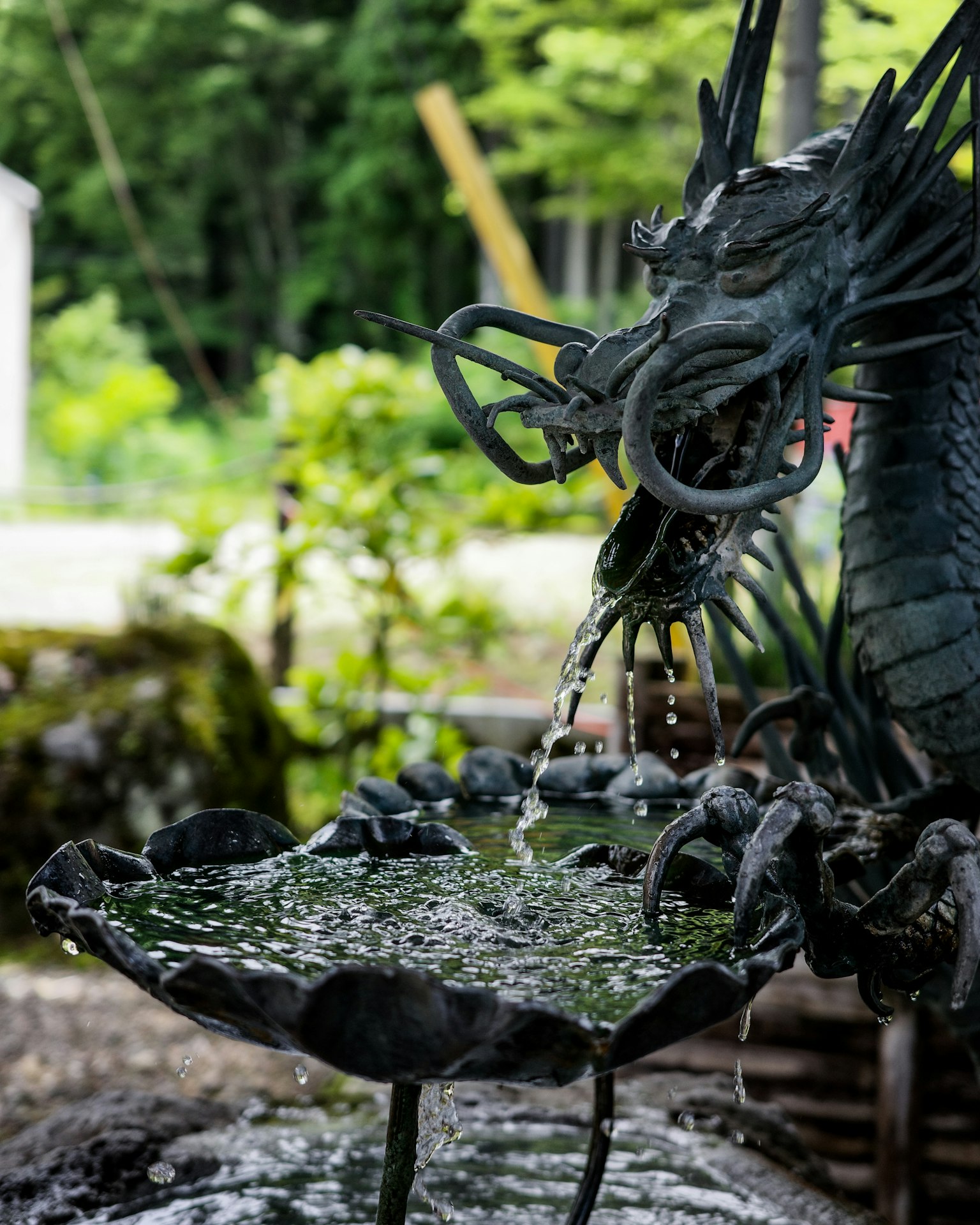 龍形噴泉雕塑在郁郁蔥蔥的花園中噴泉