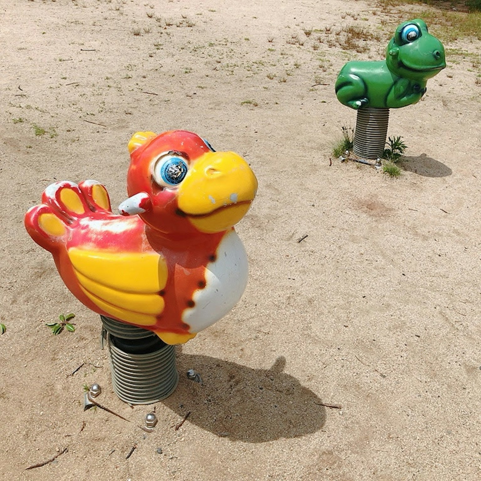 Jouets colorés à rebond avec un oiseau rouge et une grenouille verte dans une aire de jeux en sable