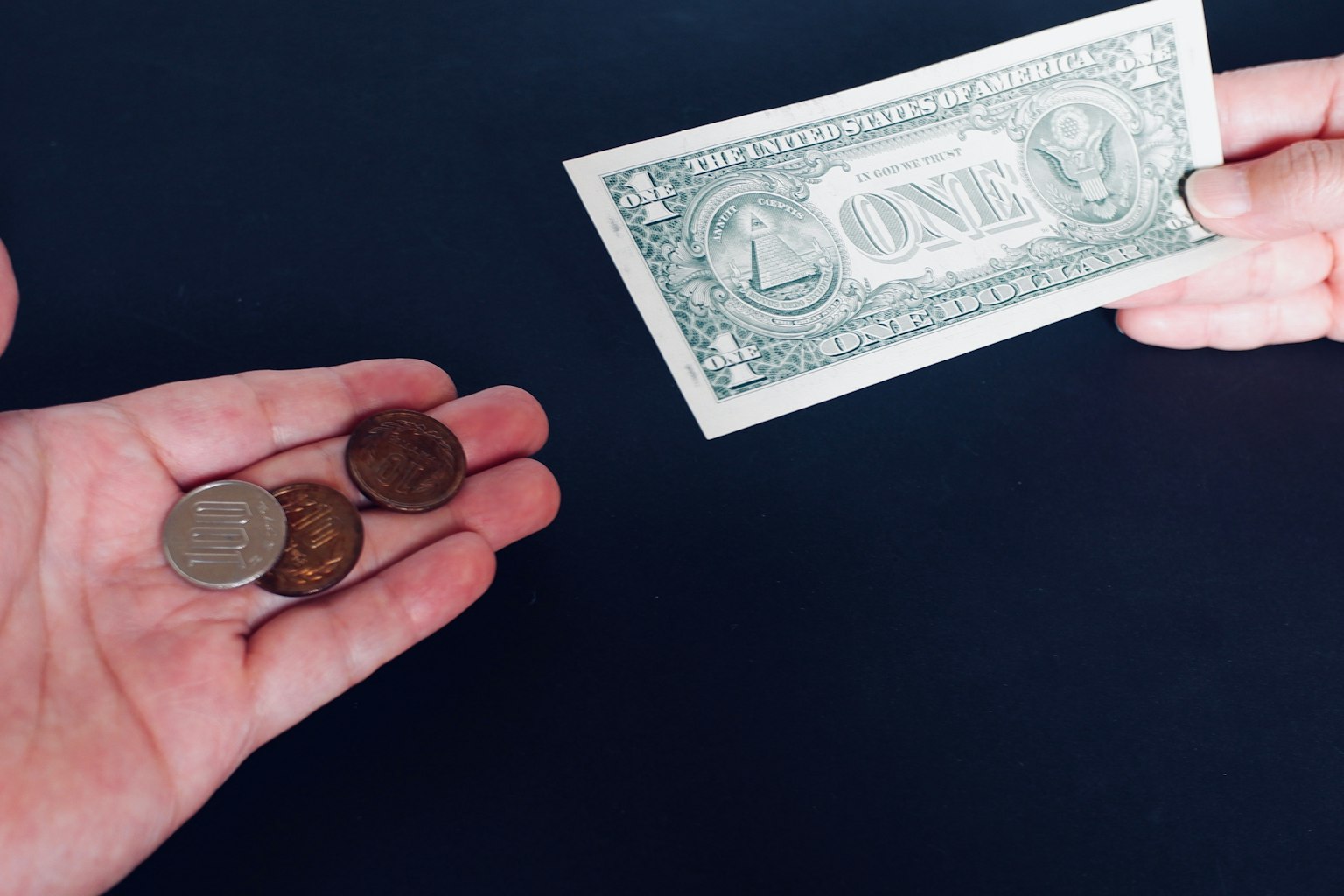 Hands holding coins and a one dollar bill