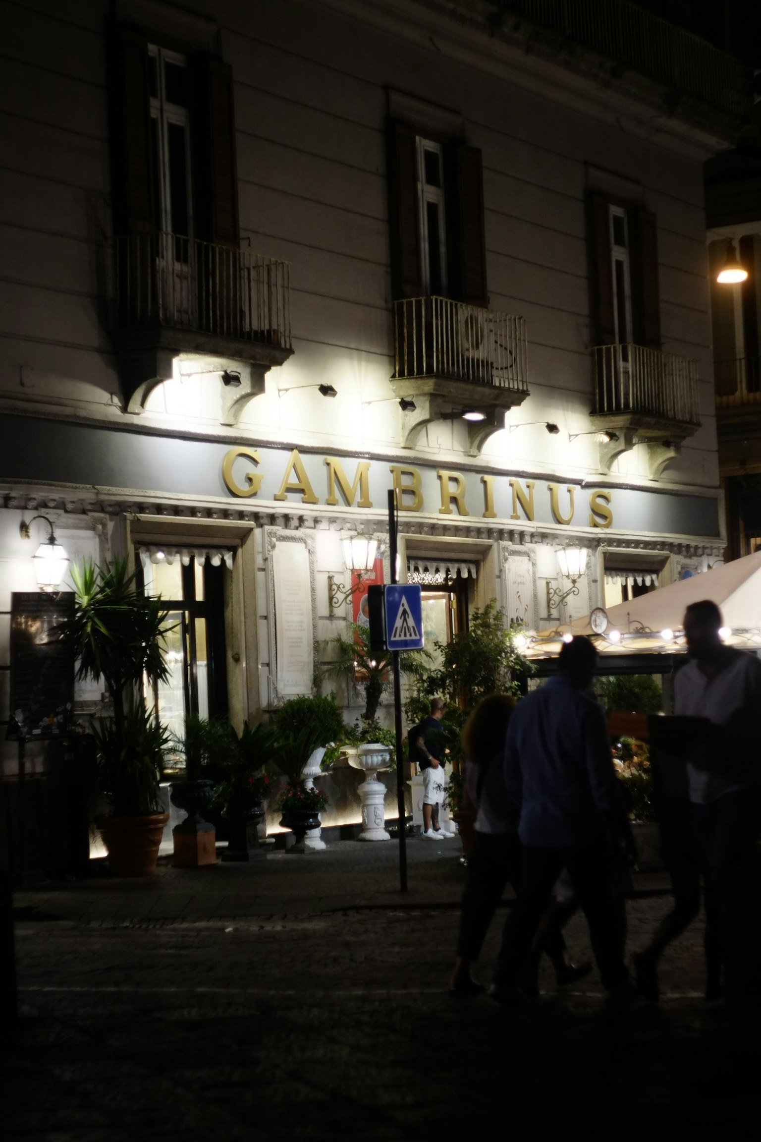 Esterno del Gambrinus di notte con terrazza illuminata e piante circostanti