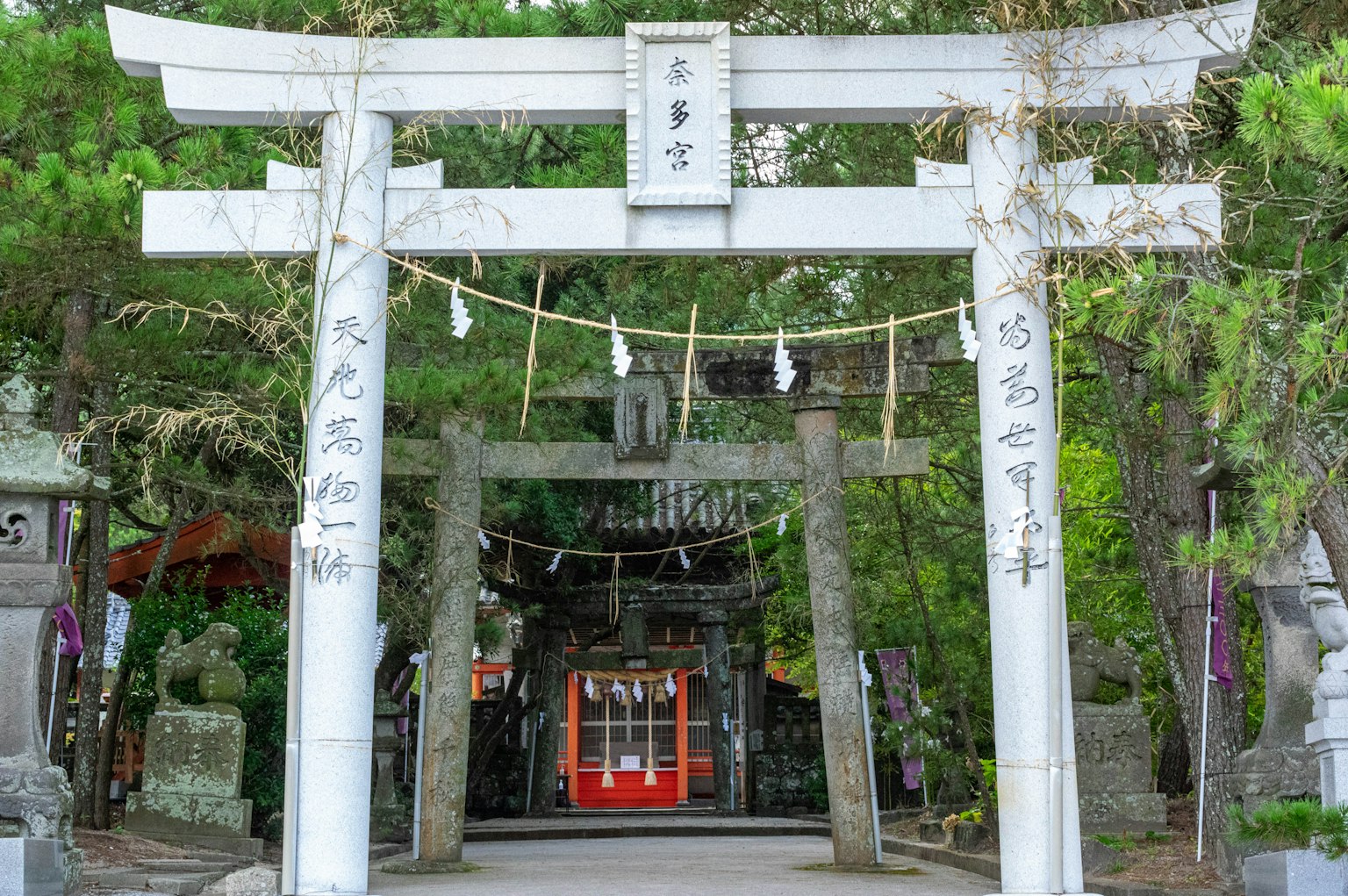 白色鸟居在神社入口处，红色门和绿色树木