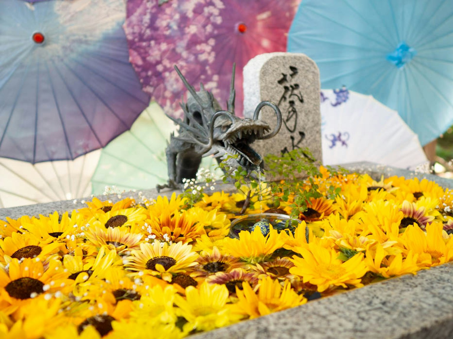 Une belle scène avec un monument en pierre entouré de fleurs jaunes et de parapluies décoratifs