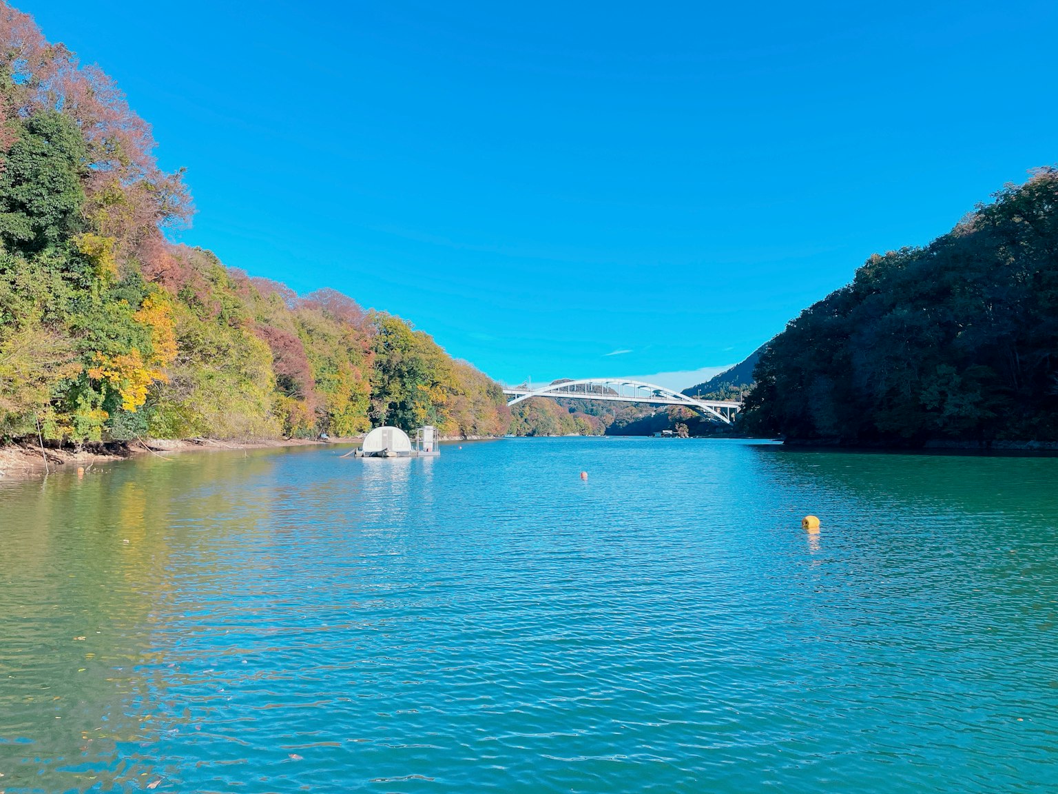 Malersicher Blick auf blaues Wasser mit bunten Bäumen und einer Brücke im Hintergrund