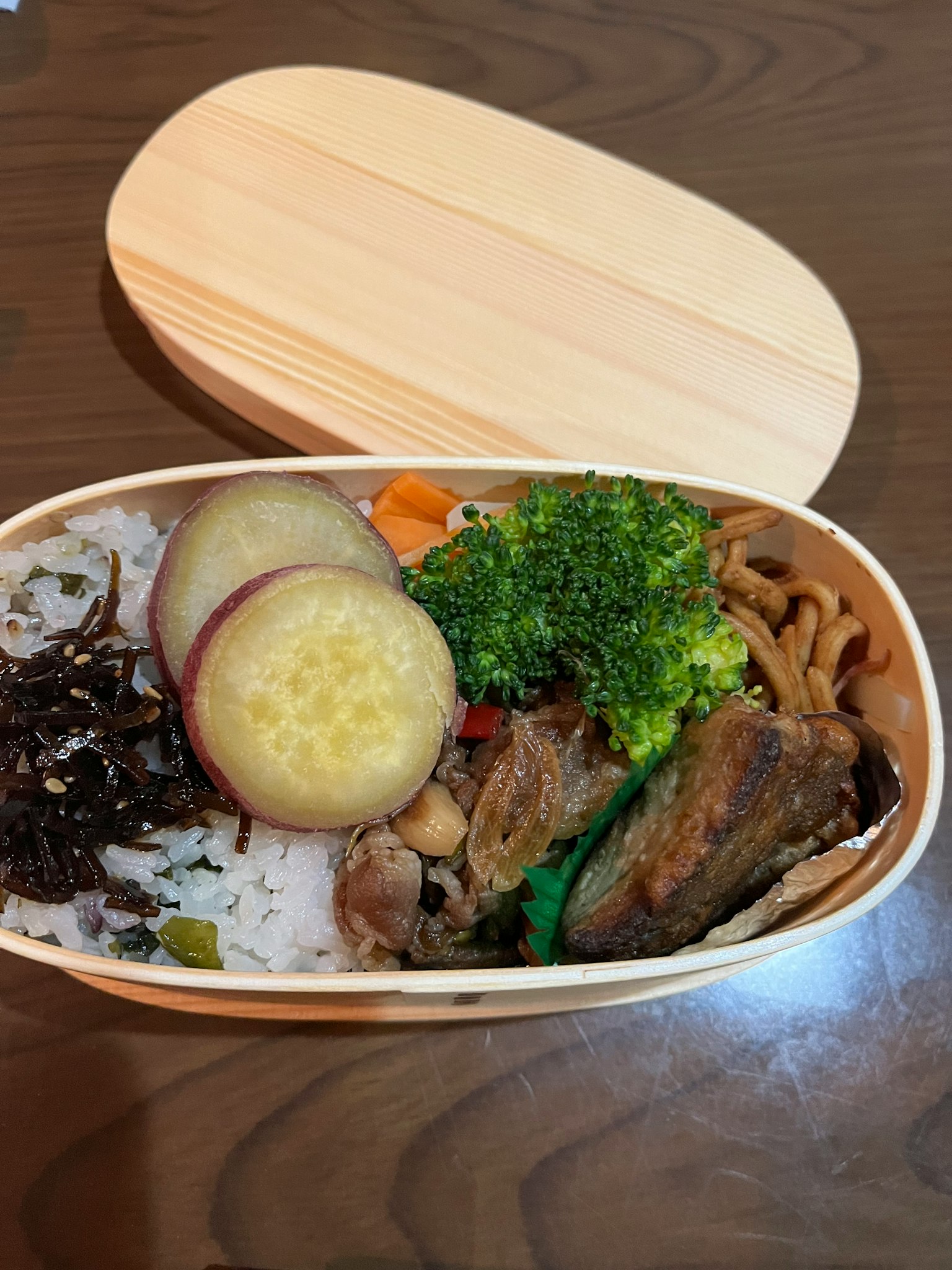 裝滿米飯、蔬菜和肉類菜餚的便當盒