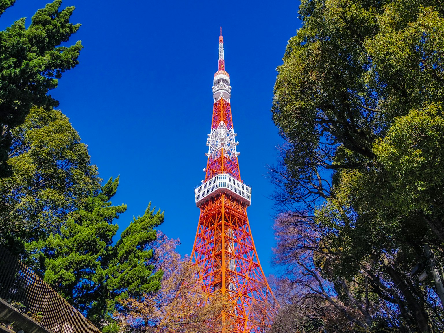 Tháp Tokyo trên nền trời xanh và cây xanh
