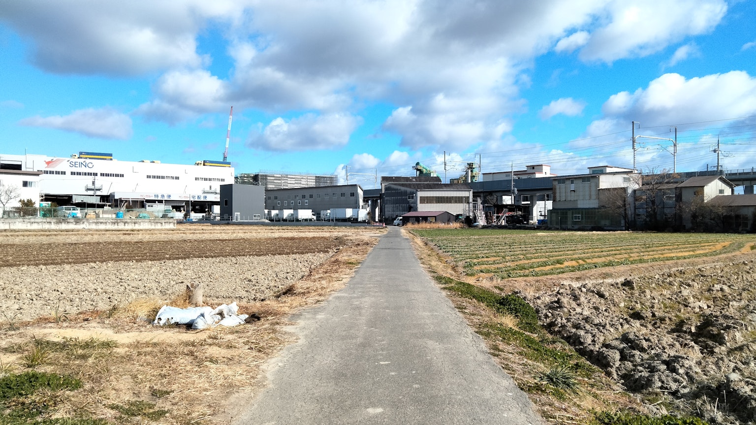Camino que atraviesa tierras agrícolas hacia edificios industriales