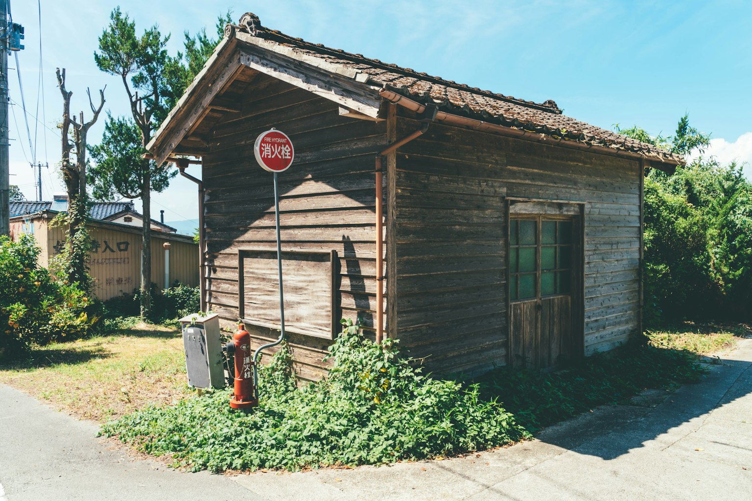 Alte Holzhütte umgeben von üppigem Grün
