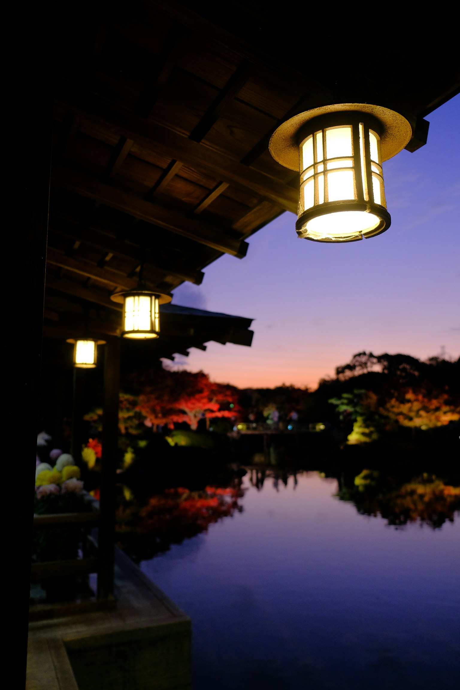 Lanterns by a tranquil pond at dusk with colorful trees