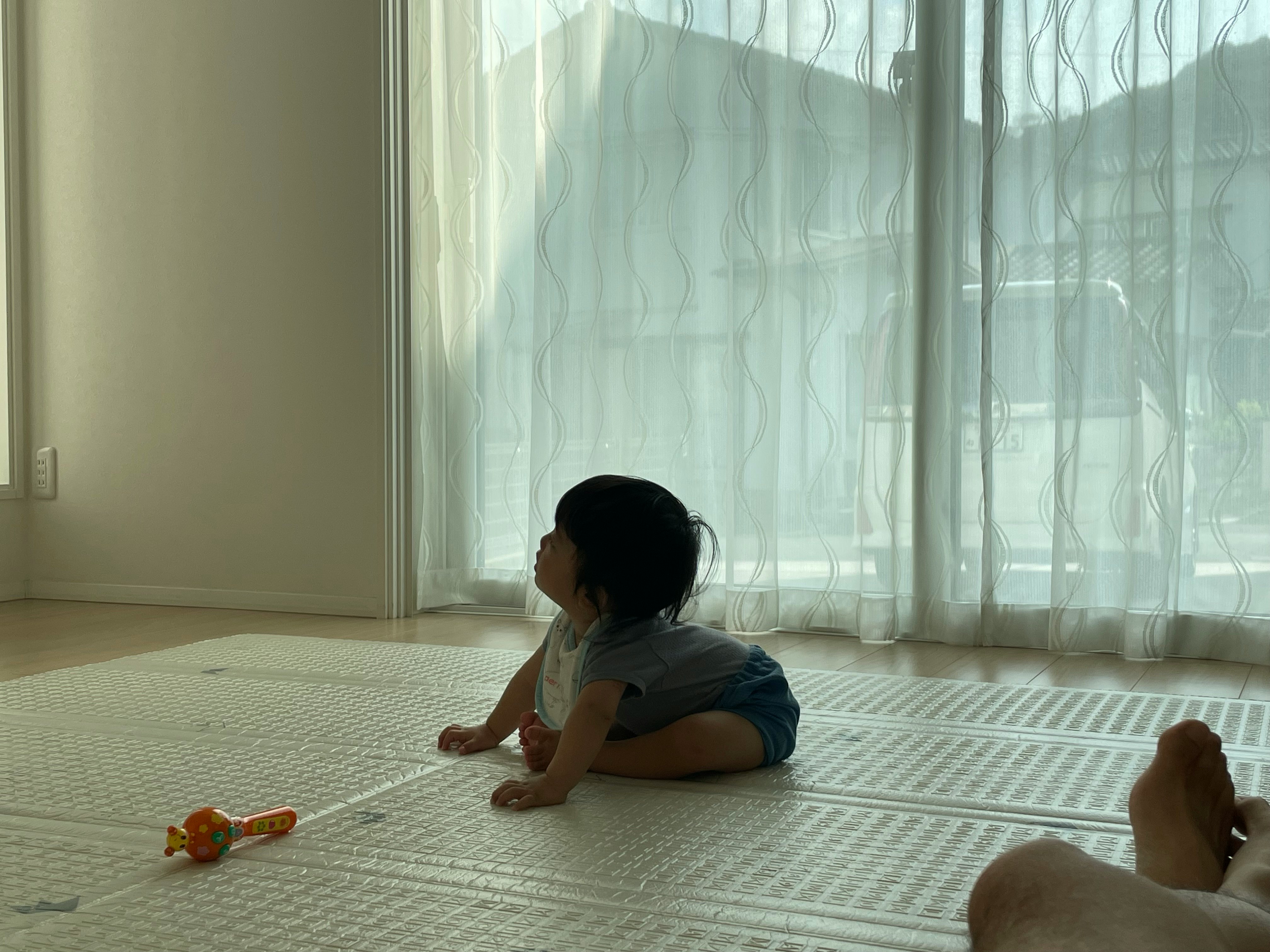 A child sitting on the floor in soft light by sheer curtains