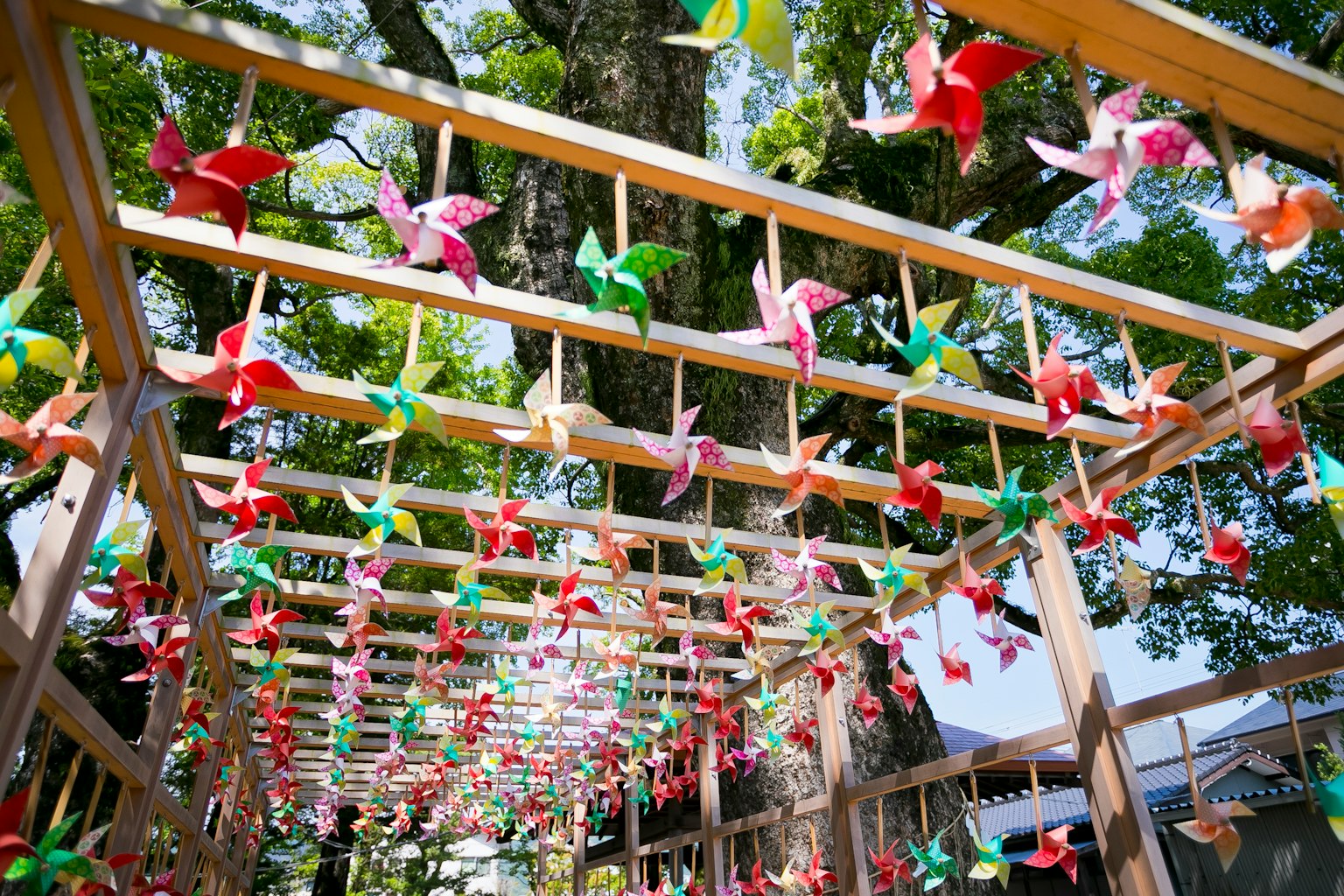 Pájaros de origami coloridos colgando de una estructura de madera