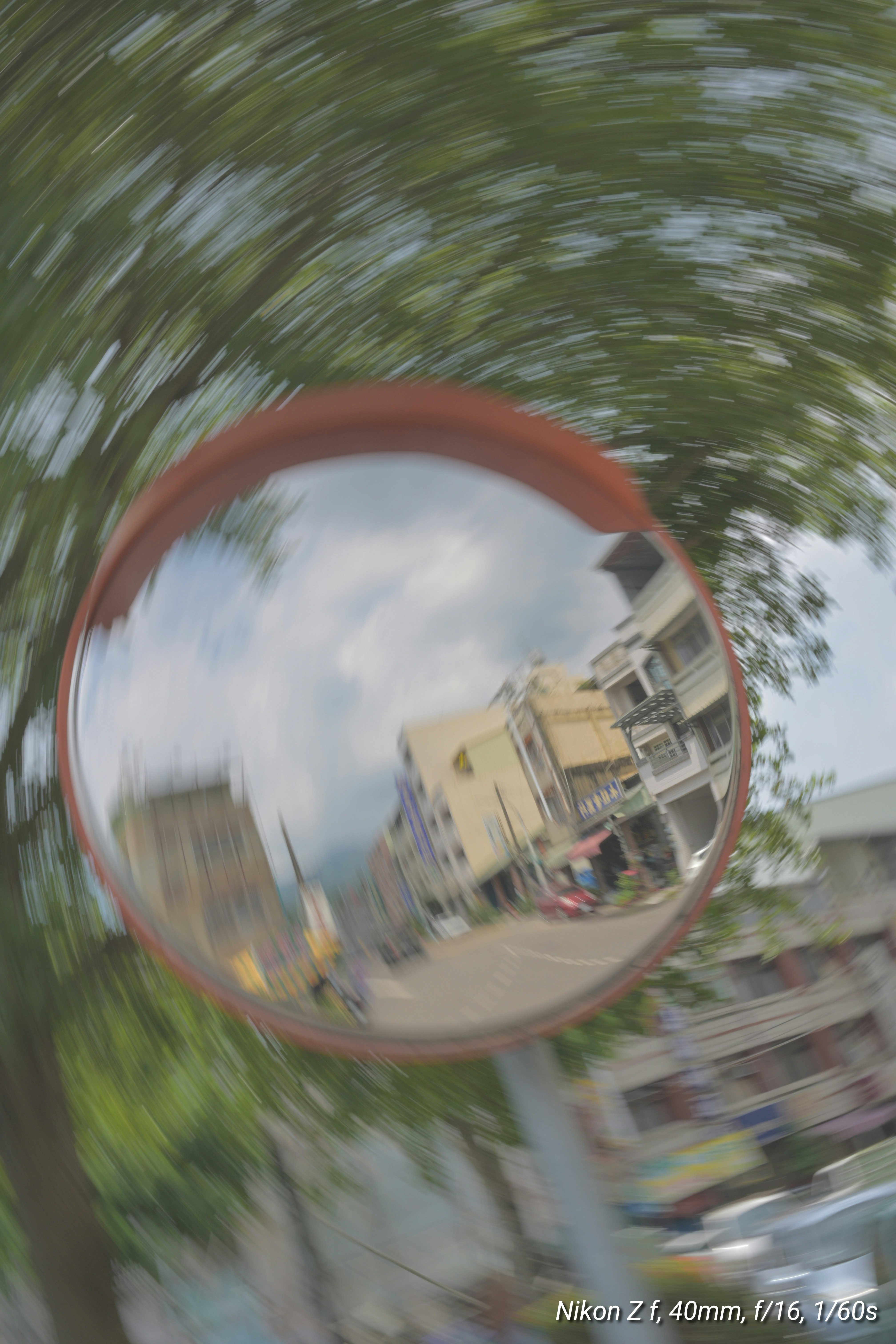 木々の中の街並みを歪ませて映したレンズボールのような景色