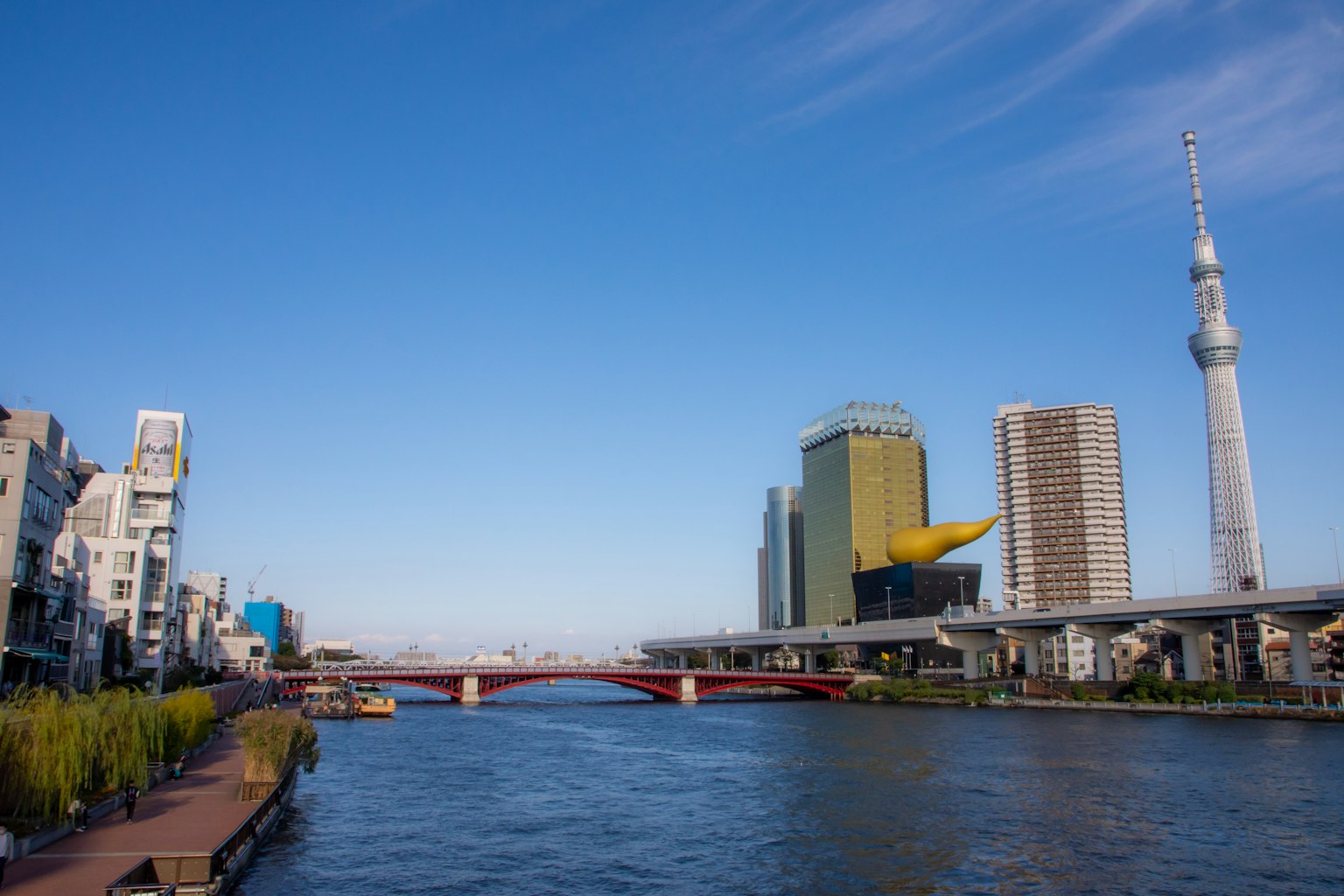 Vista lungo il fiume Sumida con Tokyo Skytree e la Torre Asahi