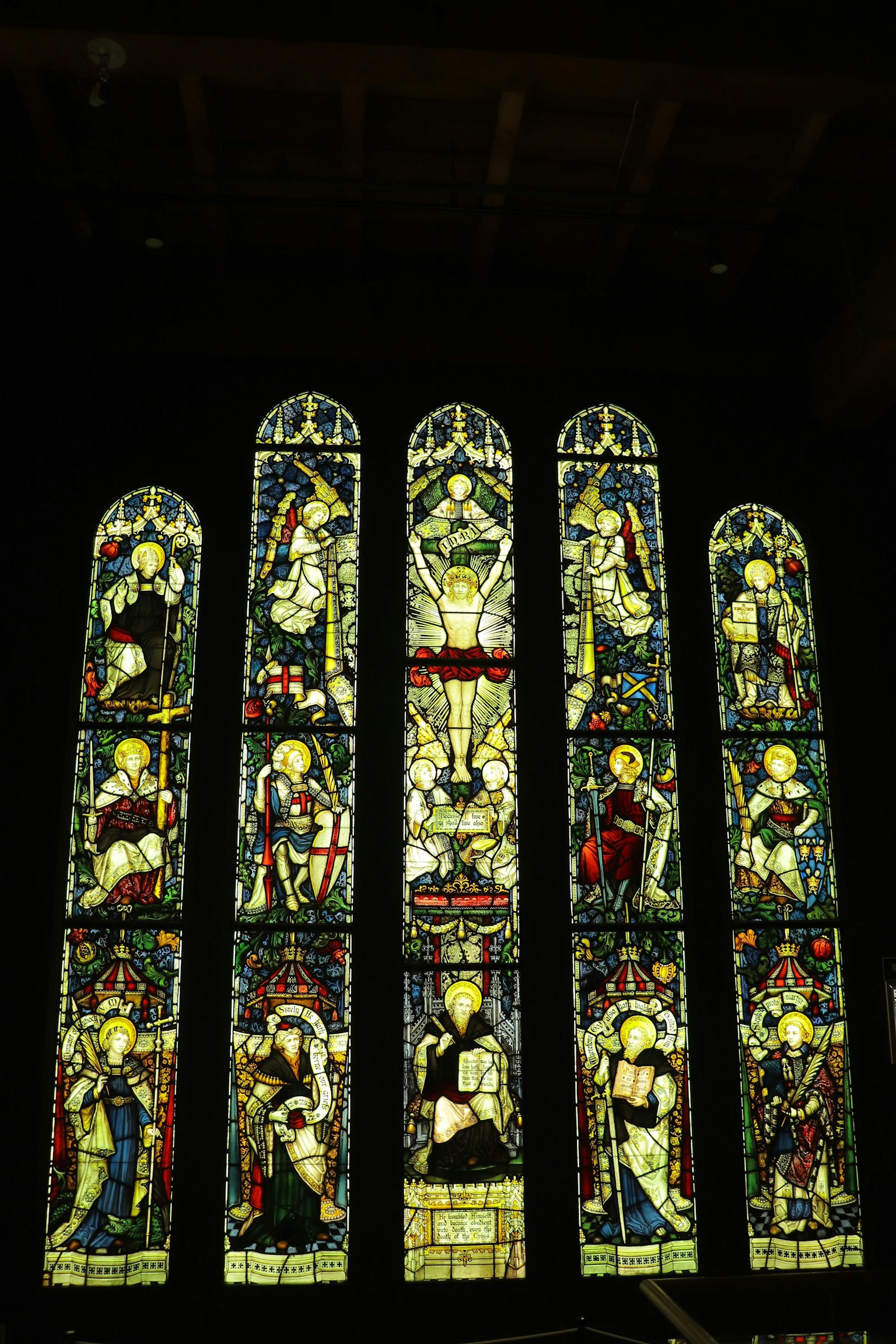 Vibrant stained glass windows in a church interior