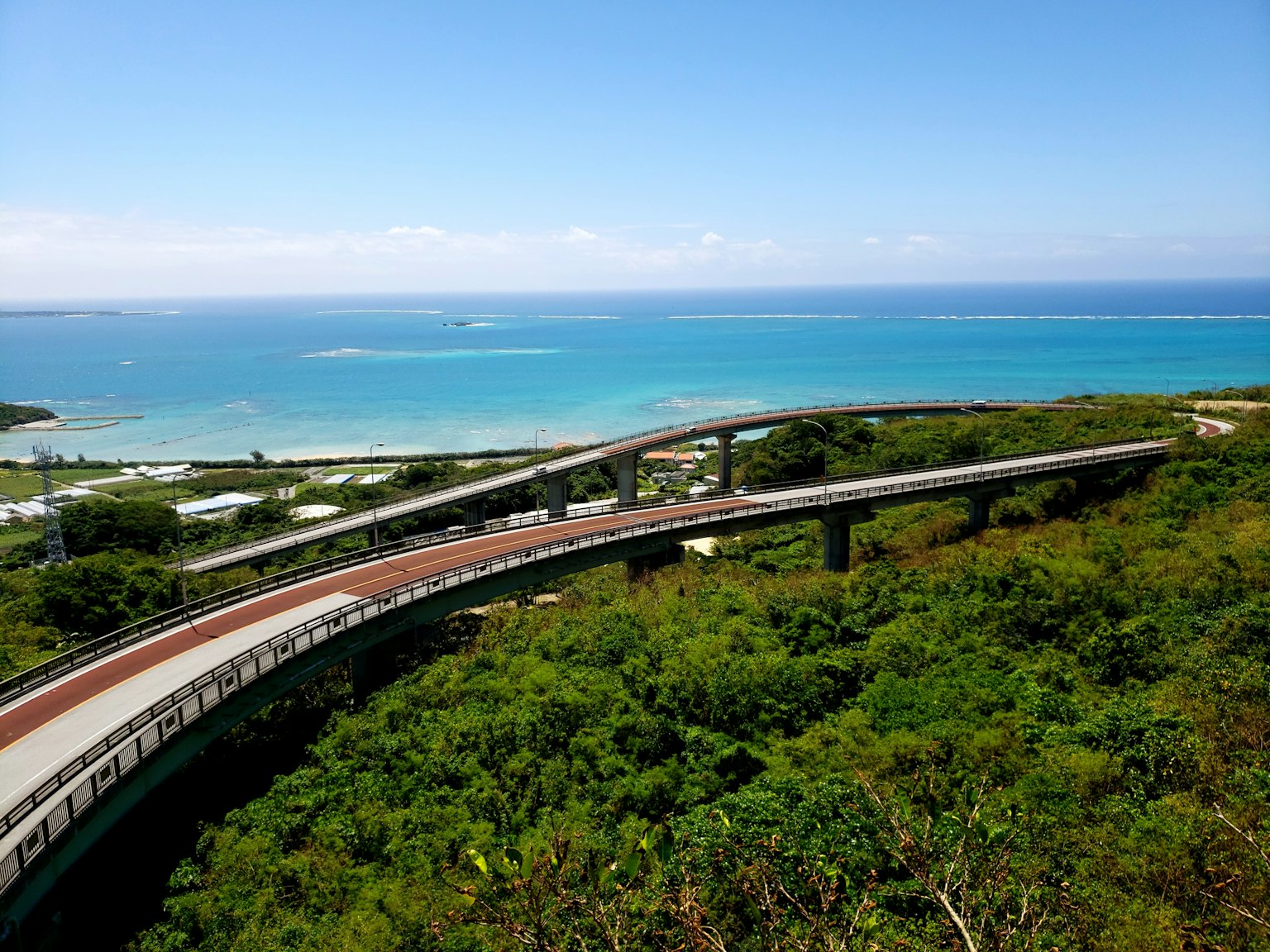 Strada elevata curva circondata da vegetazione lussureggiante e oceano blu