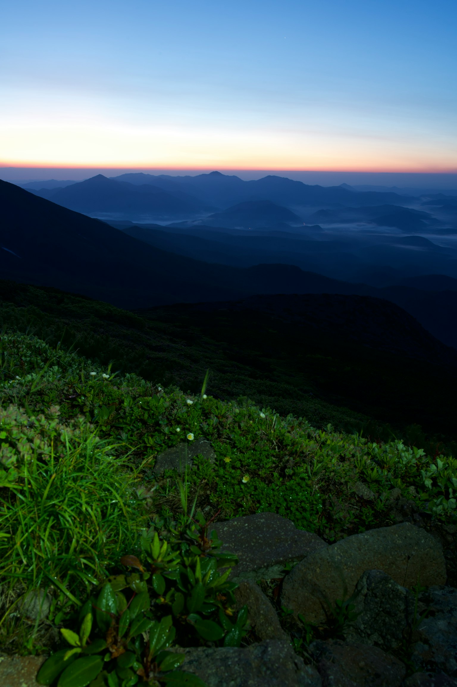 Szenische Aussicht auf den Sonnenaufgang von einem Berggipfel mit üppigem Grün
