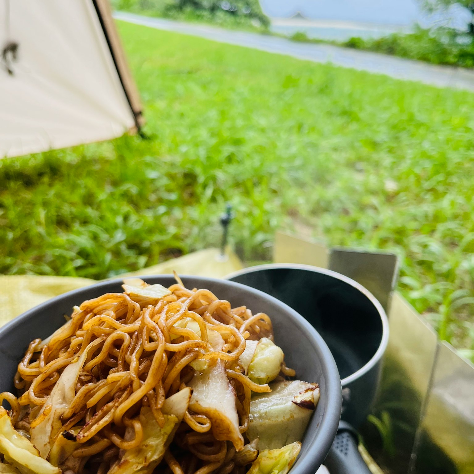 露營地的炒麵碗和綠色草地