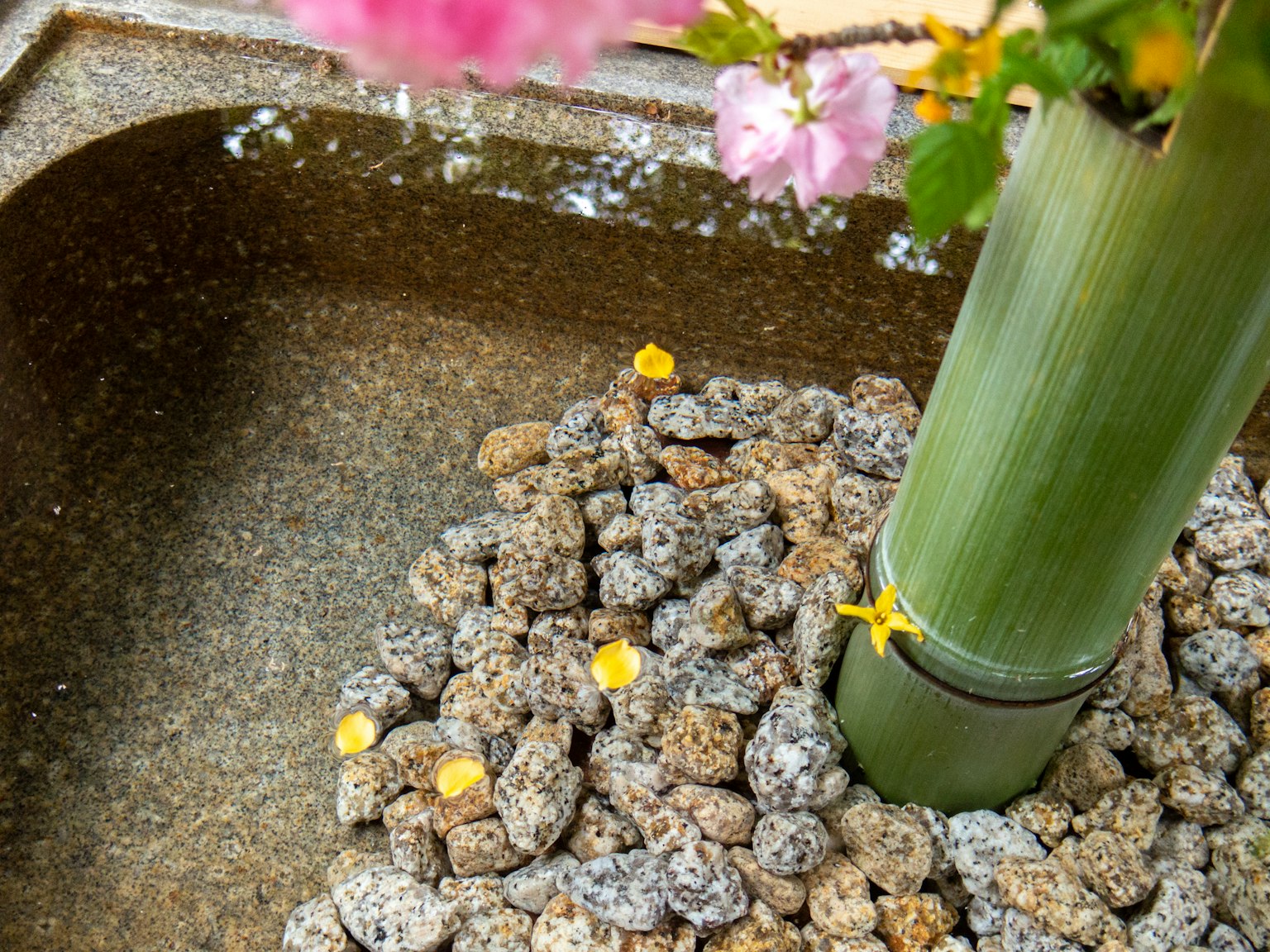 Paysage d'un bassin d'eau avec une colonne en bambou entourée de galets et de fleurs jaunes