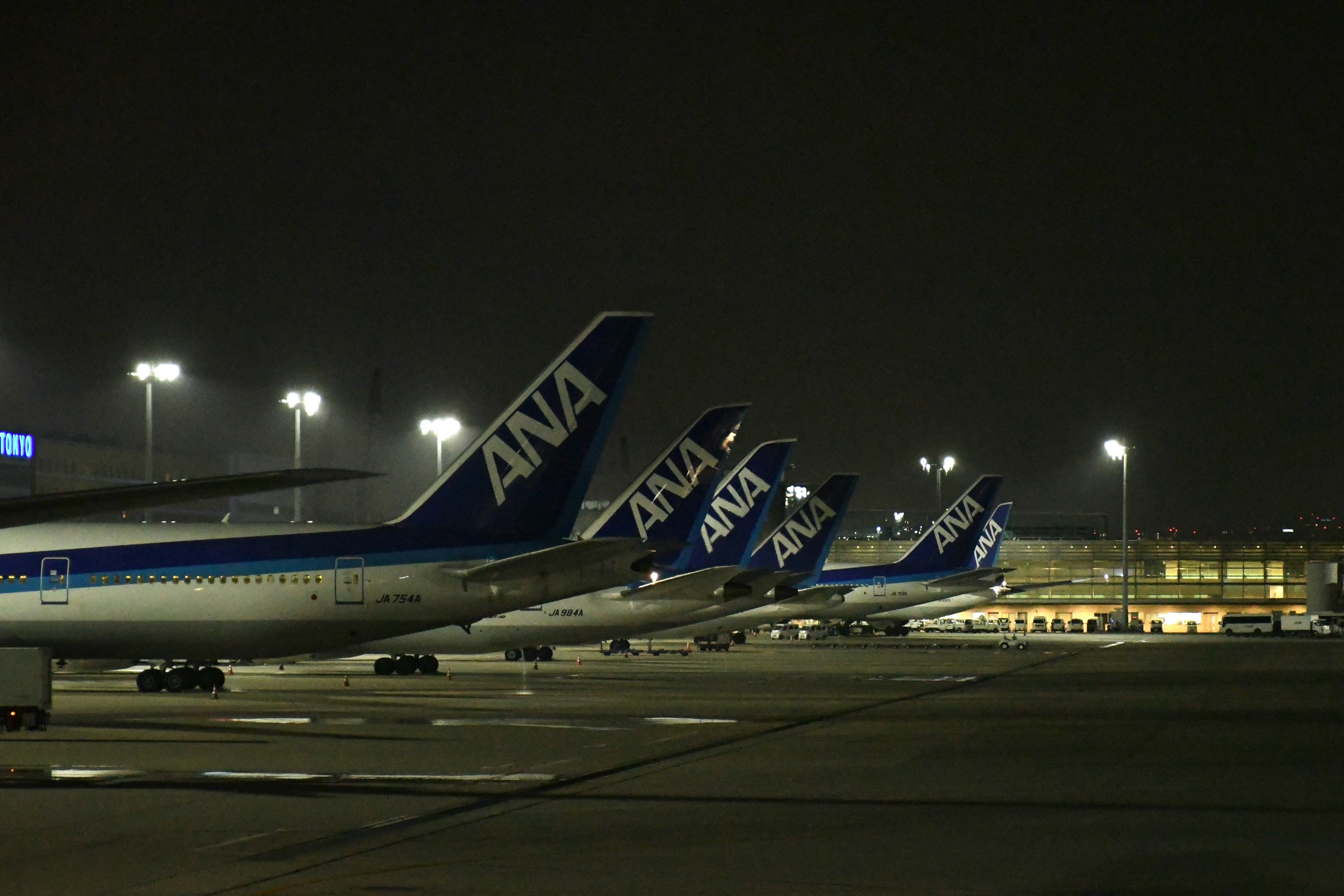 夜間跑道上停放的ANA客機影像
