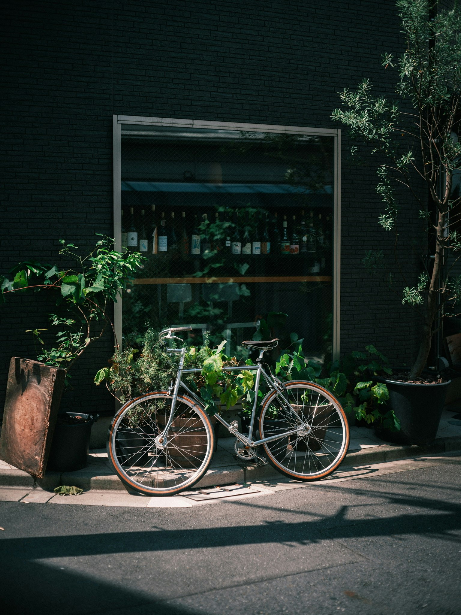 路地の飲食店前に立てかけられた自転車と鉢植えのある外観
