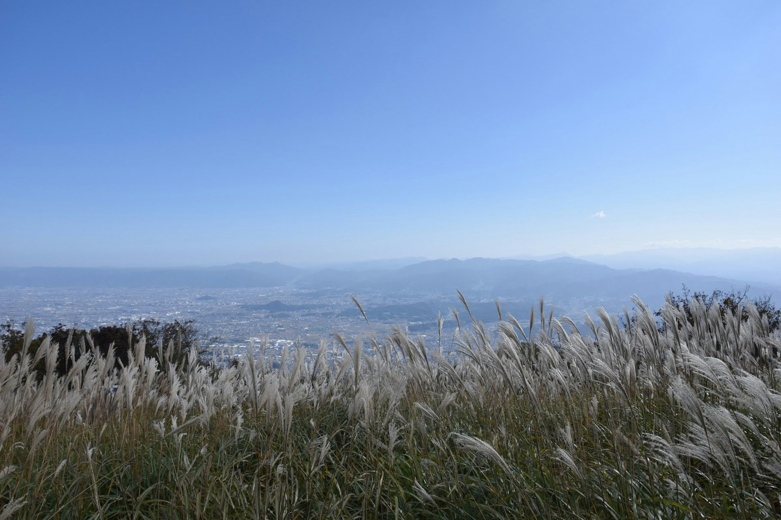 Pemandangan langit biru dan padang rumput dengan gunung jauh