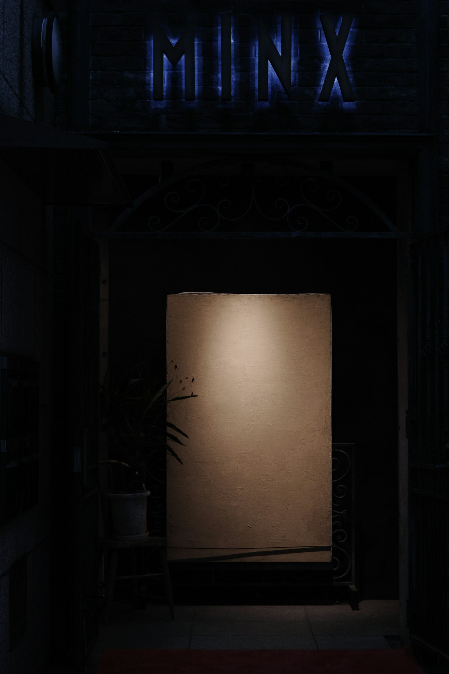Un ingresso buio con una porta illuminata e piante visibili