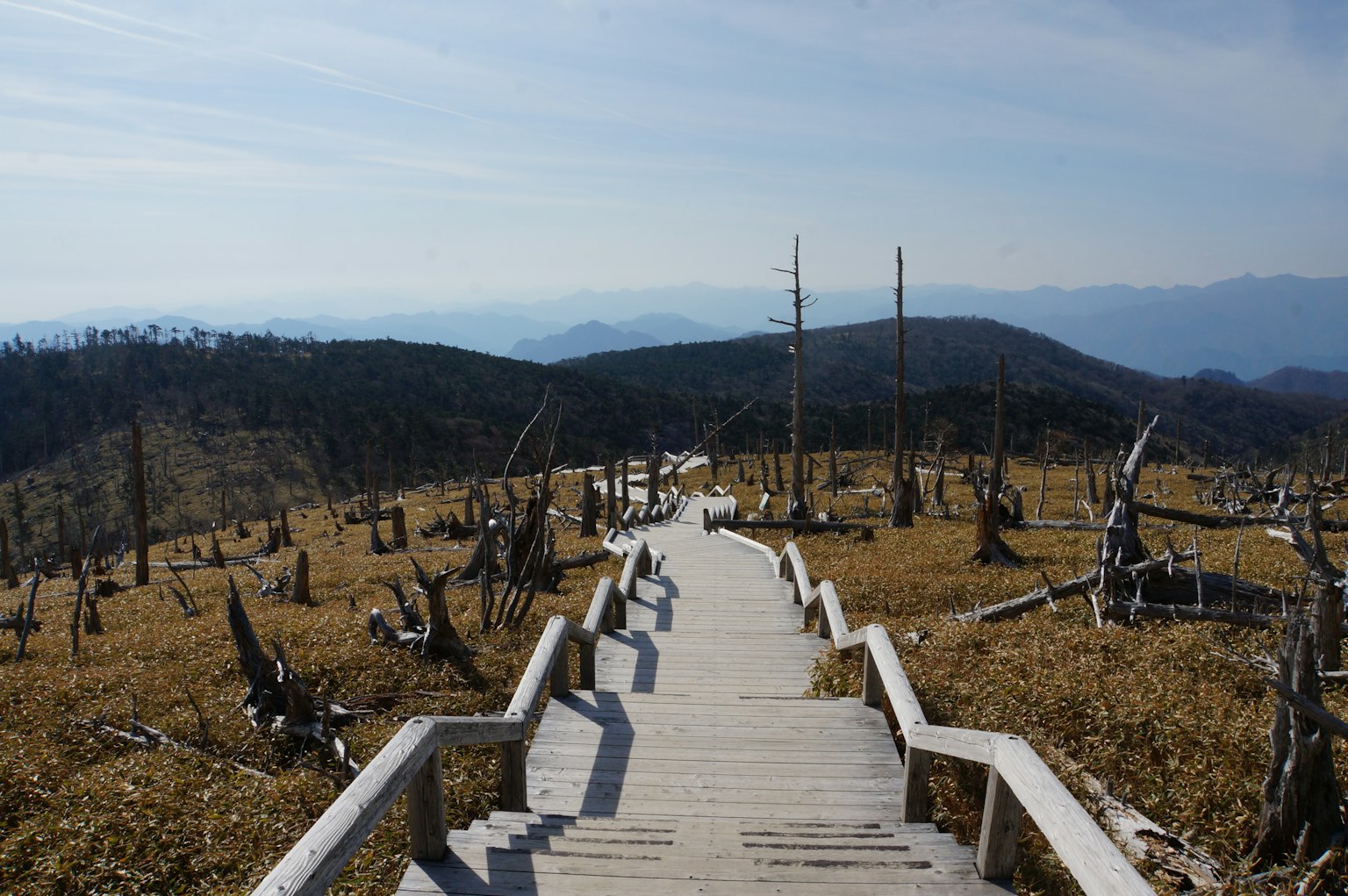 Pasarela de madera que conduce a un paisaje árido con montañas distantes