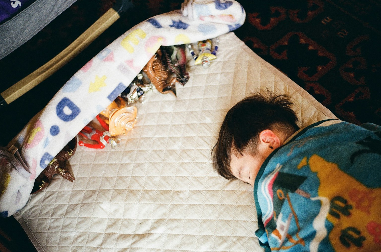 子供が毛布に包まれて眠っている様子