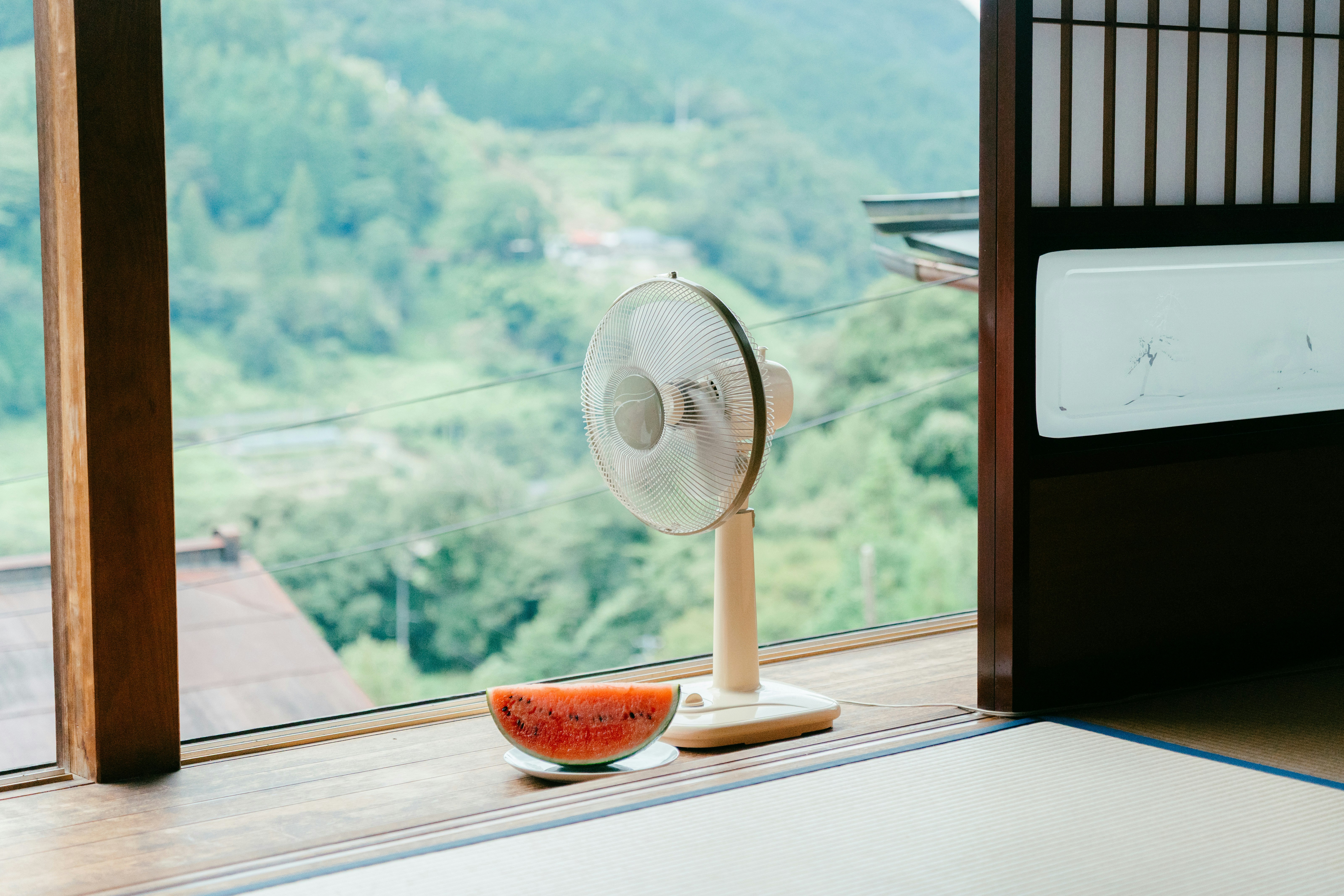窗邊擺著西瓜和風扇的山景