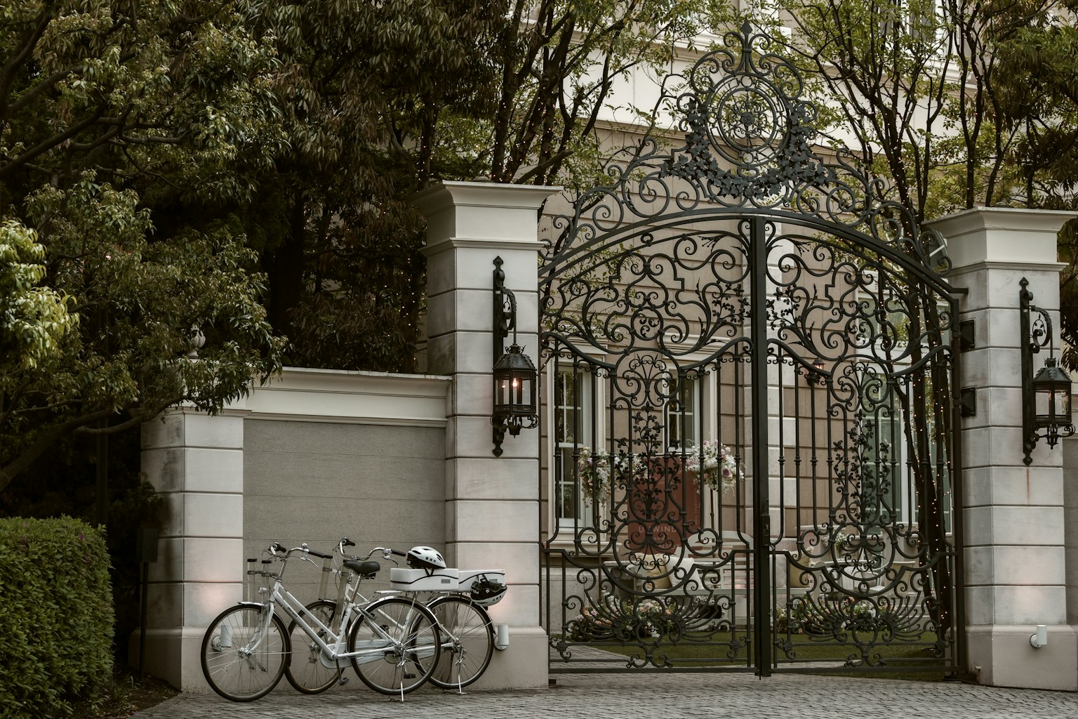 Elegant iron gate with intricate design surrounded by greenery bicycles parked nearby