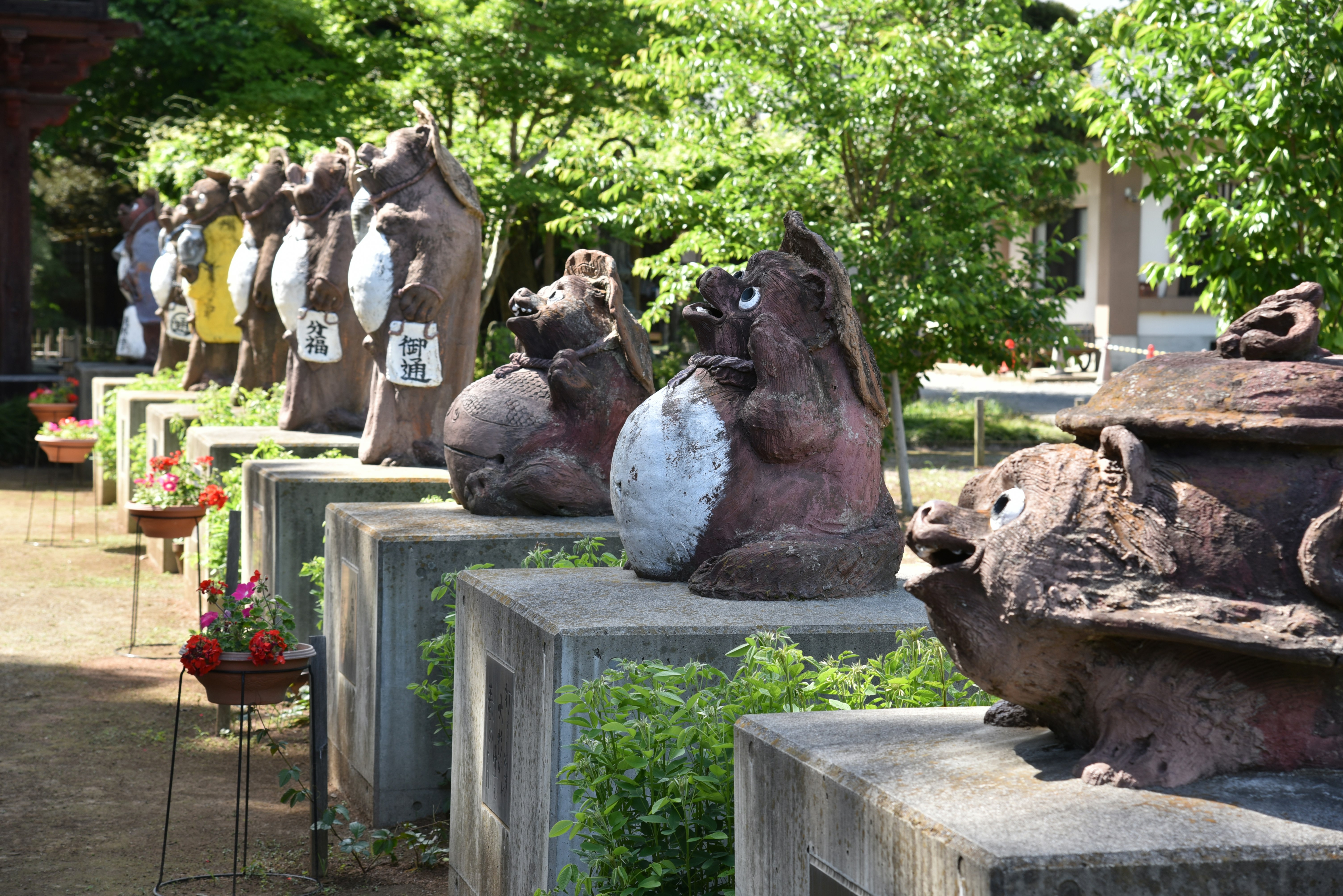庭に並ぶ陶器の狸の彫刻群 緑の木々に囲まれている