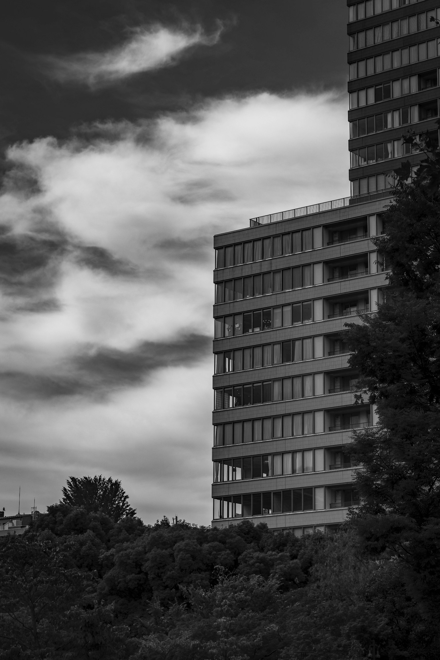 Black and white photo of a high-rise building with clouds in the sky and green trees in the foreground