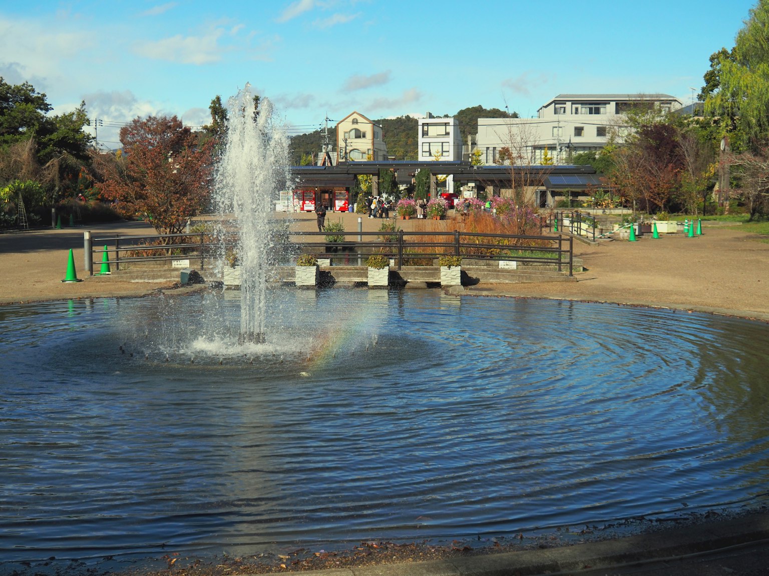 公園池塘中的噴泉與周圍風景