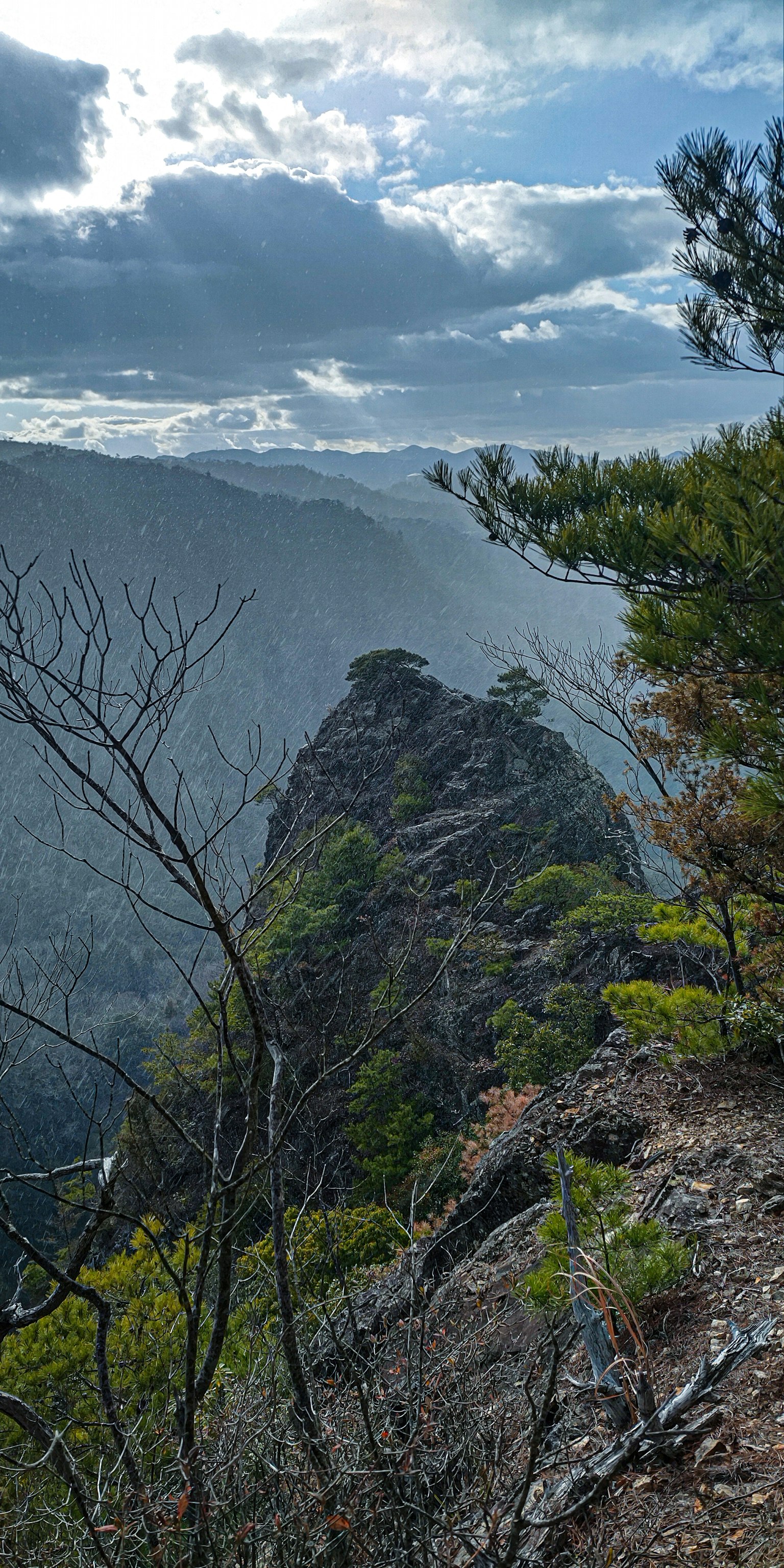 Pemandangan gunung dengan formasi batu tinggi yang diselimuti kabut