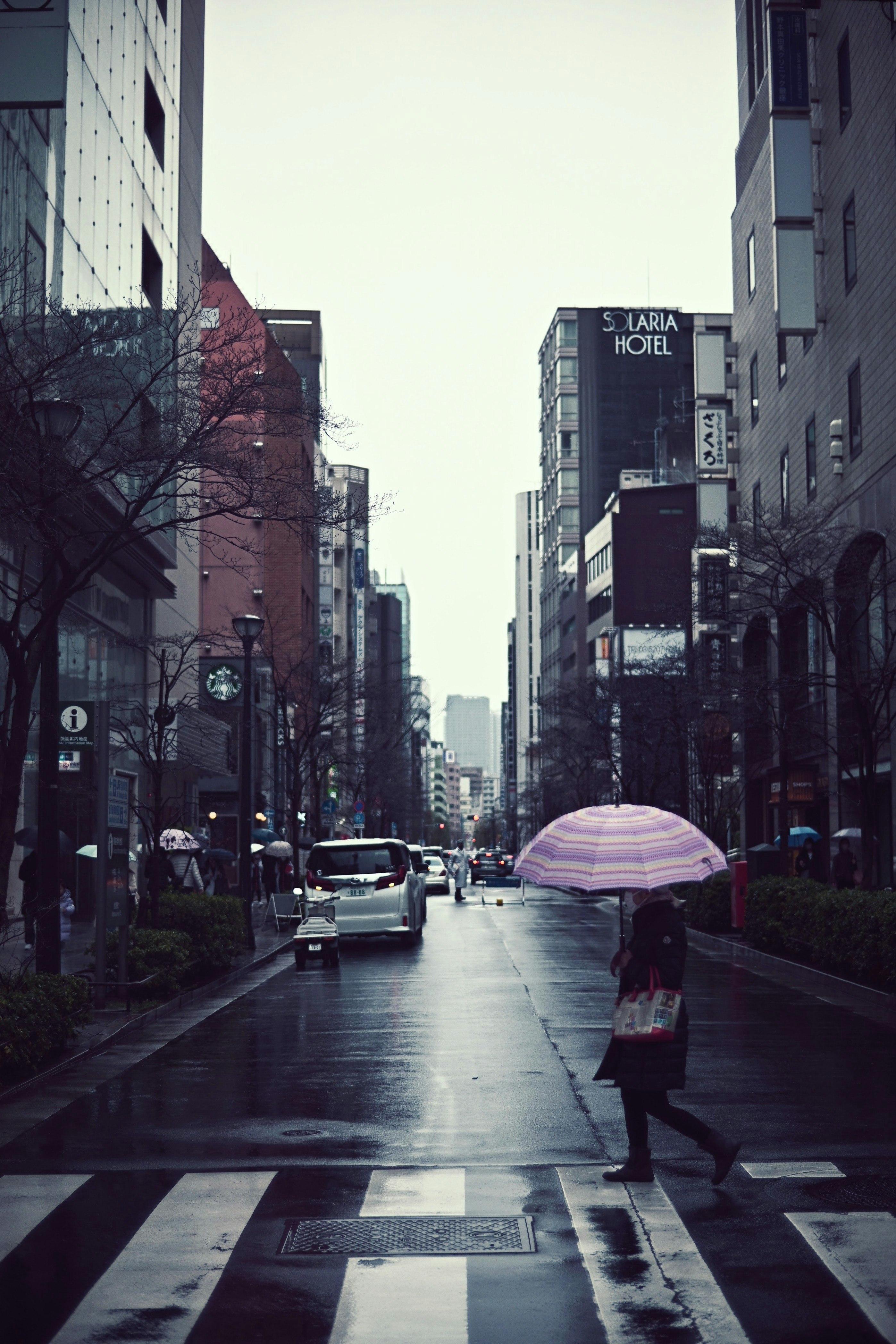 雨の街路を歩く人と傘のある都市の通り