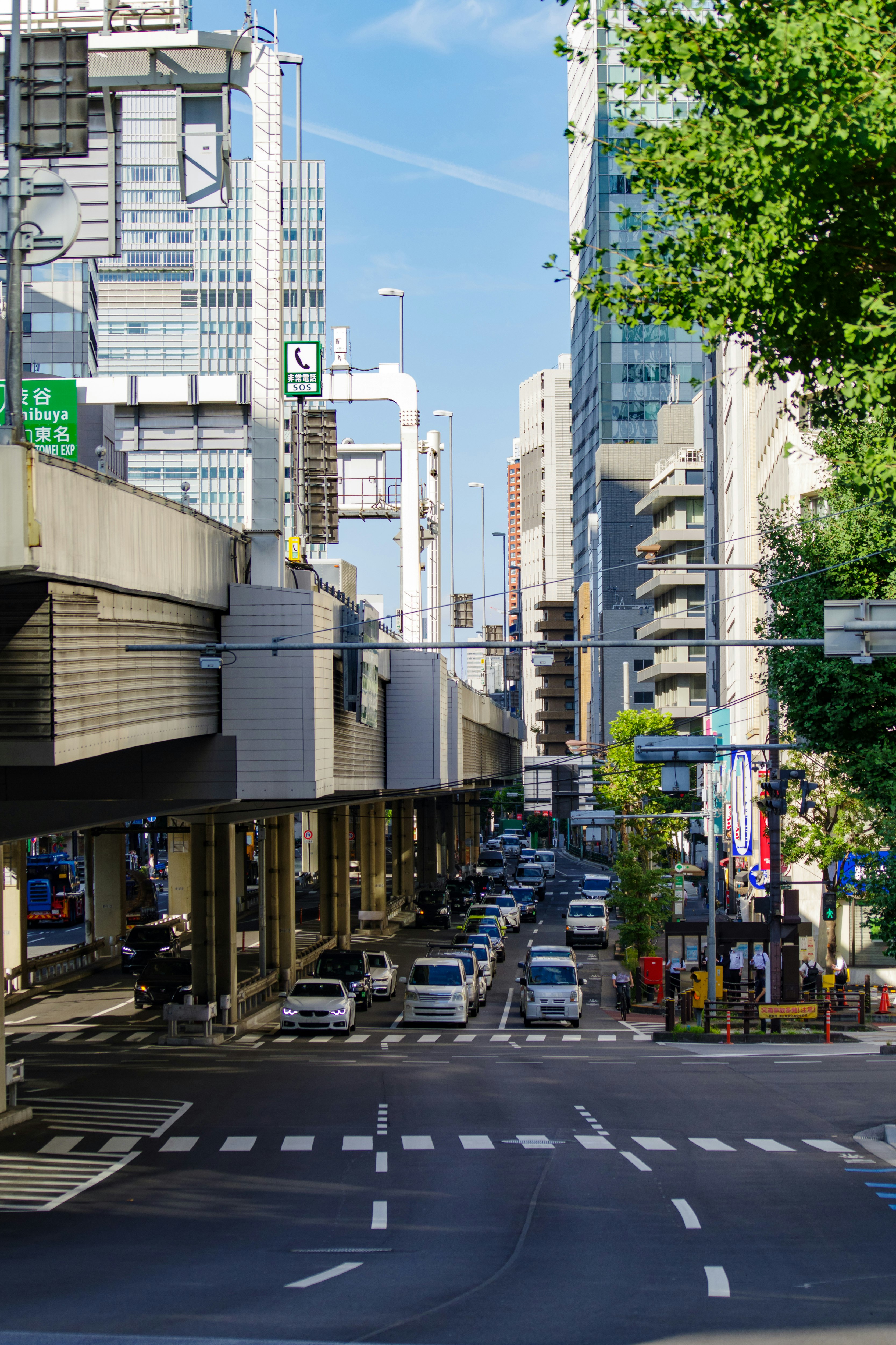 高層ビルに挟まれた都市の直線道路と車