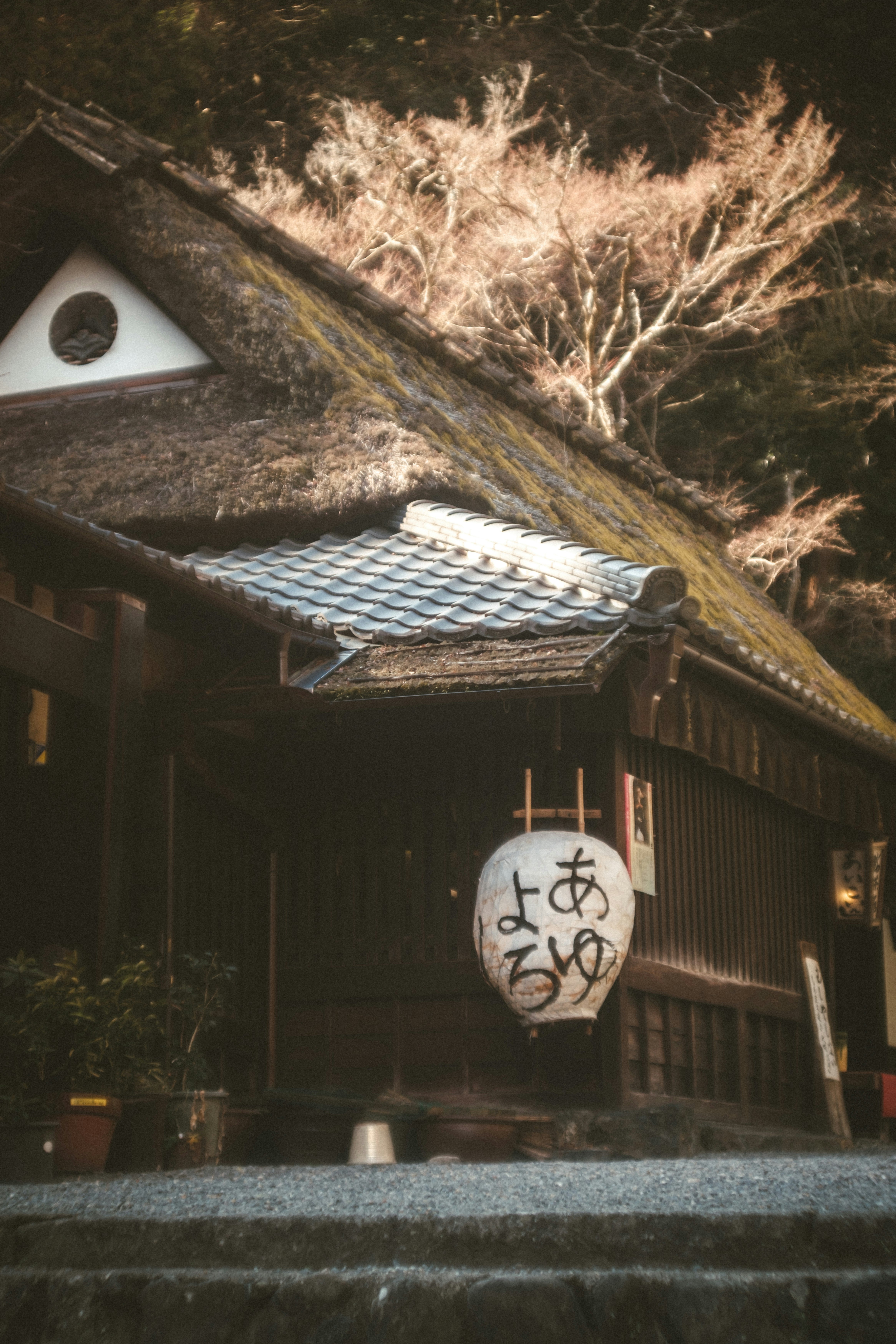 Old traditional house eaves and sign in Okusagano